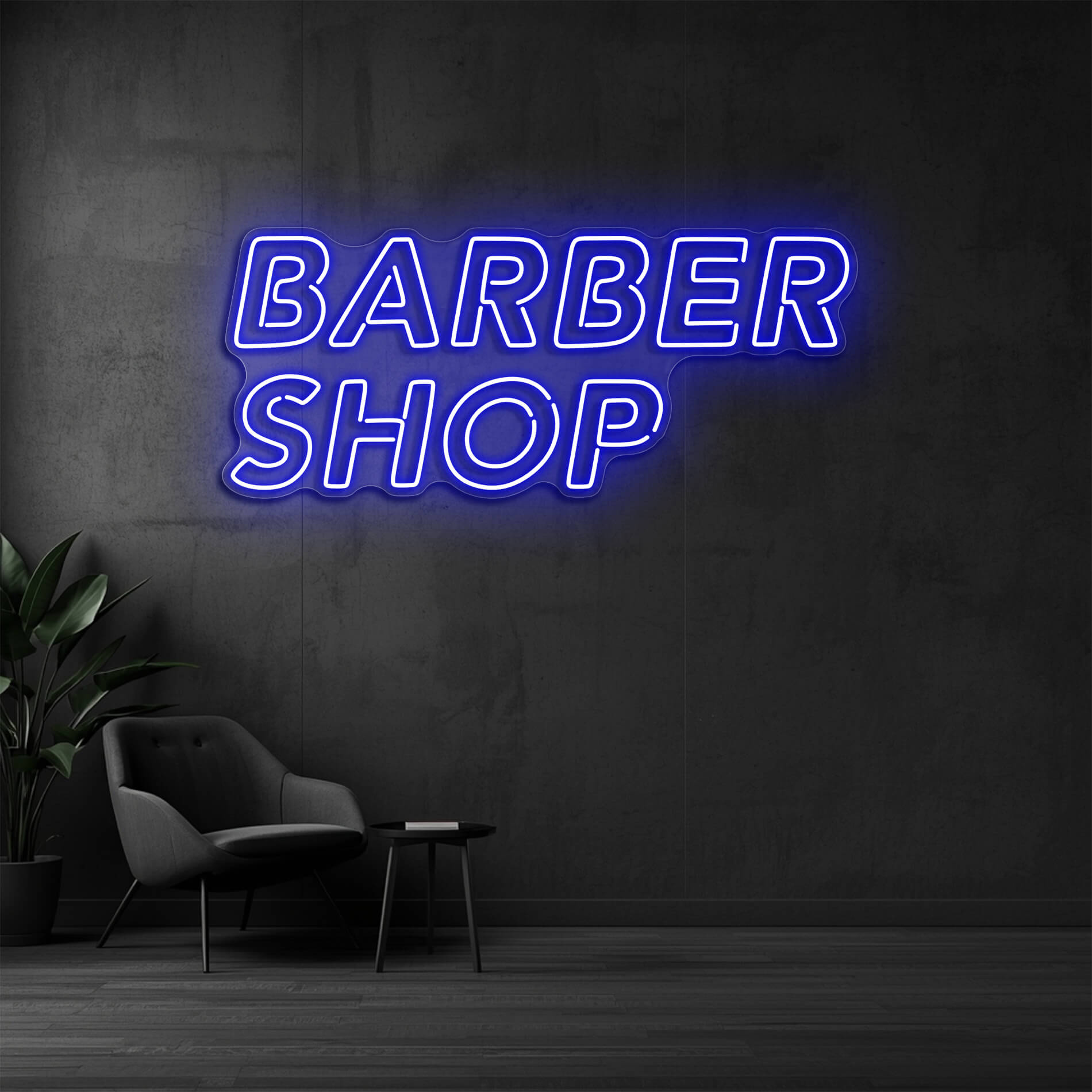 LED Neon Schild Barber Shop in blau als auffälliges Neonschild für Barbershops und Friseursalons