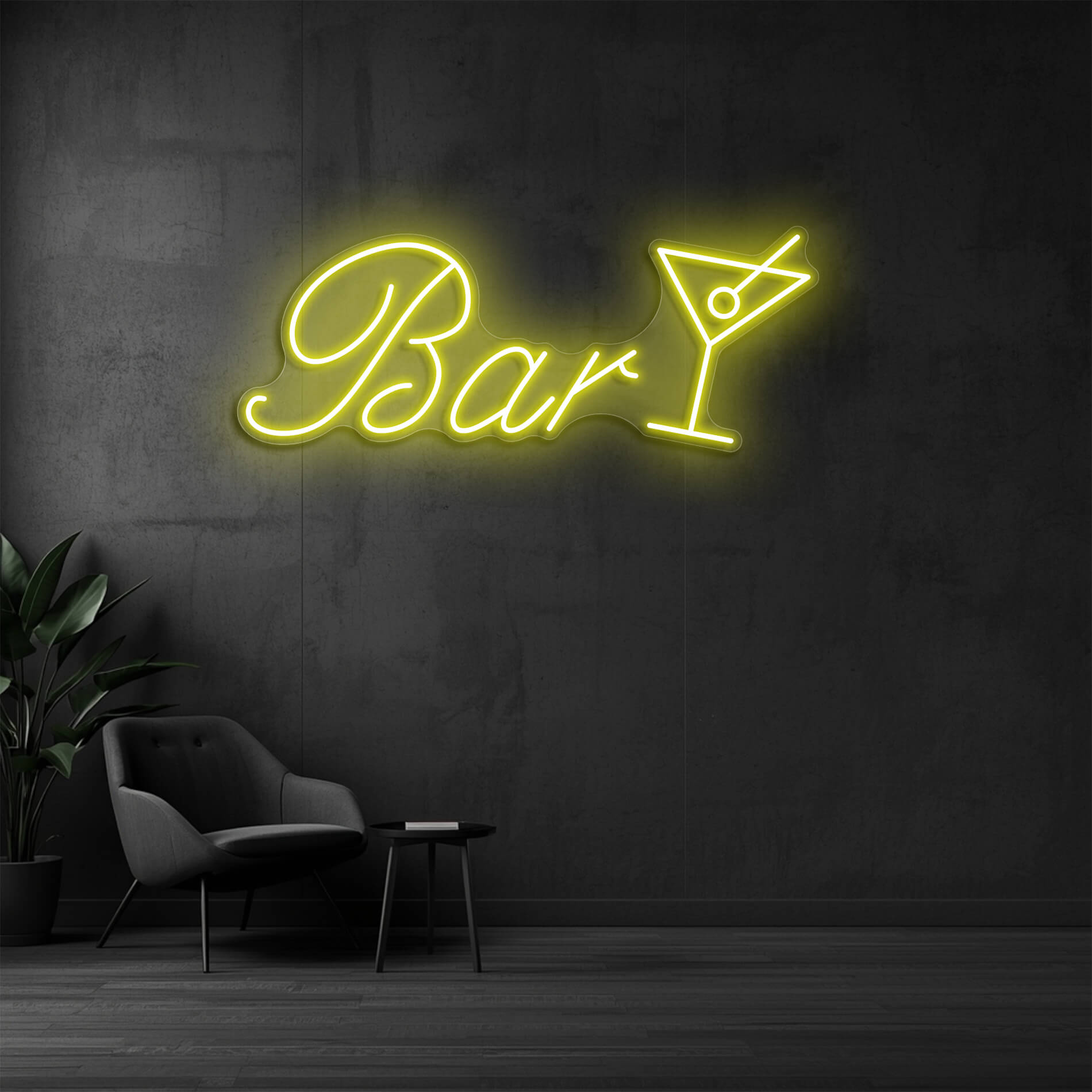 Leuchtschild Bar mit Cocktailglas in gelb als auffälliges Neonschild für Unternehmen, Restaurants und Bars