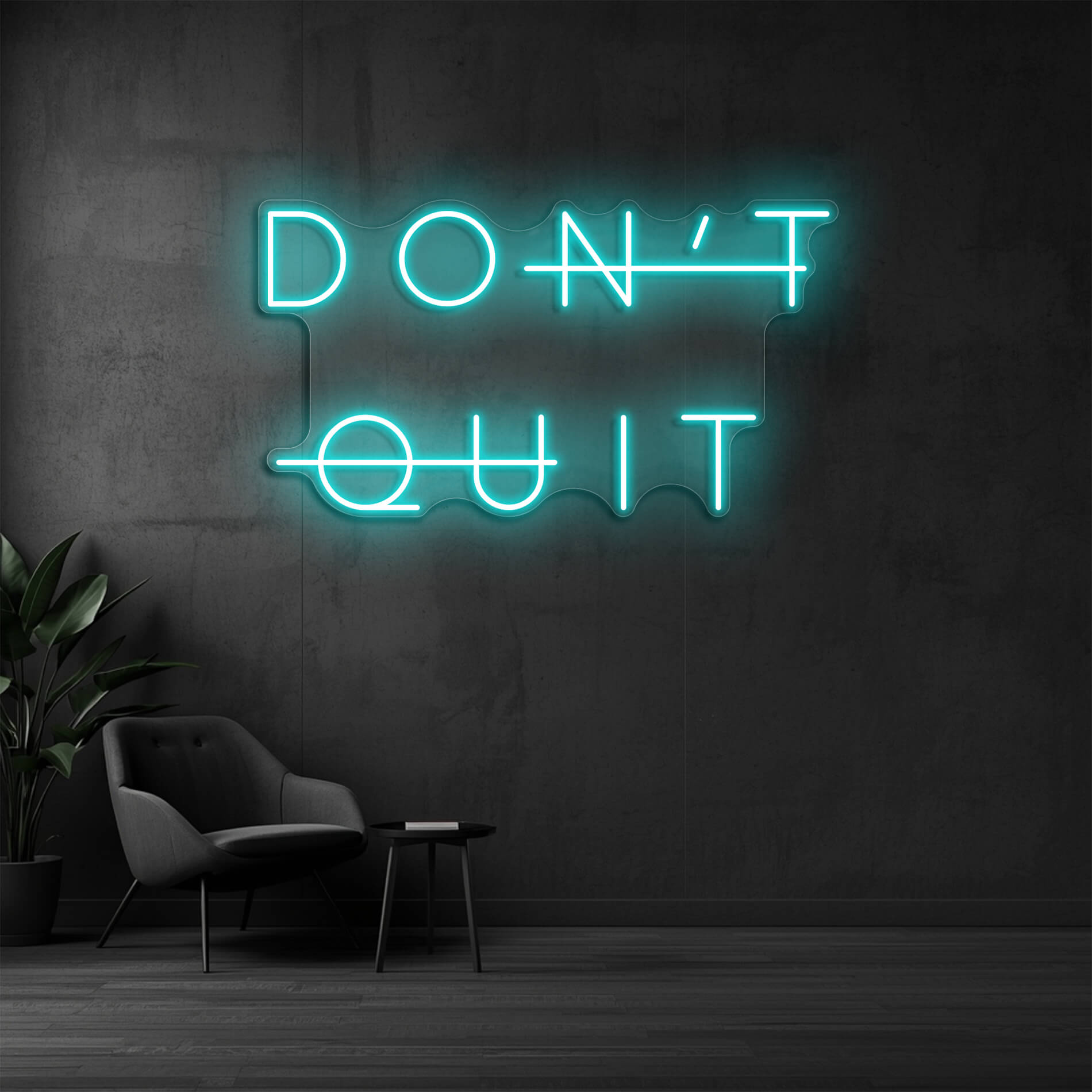 Neon Wandlicht Don't Quit in eis-blau für Fitnessstudios und Workout-Räume