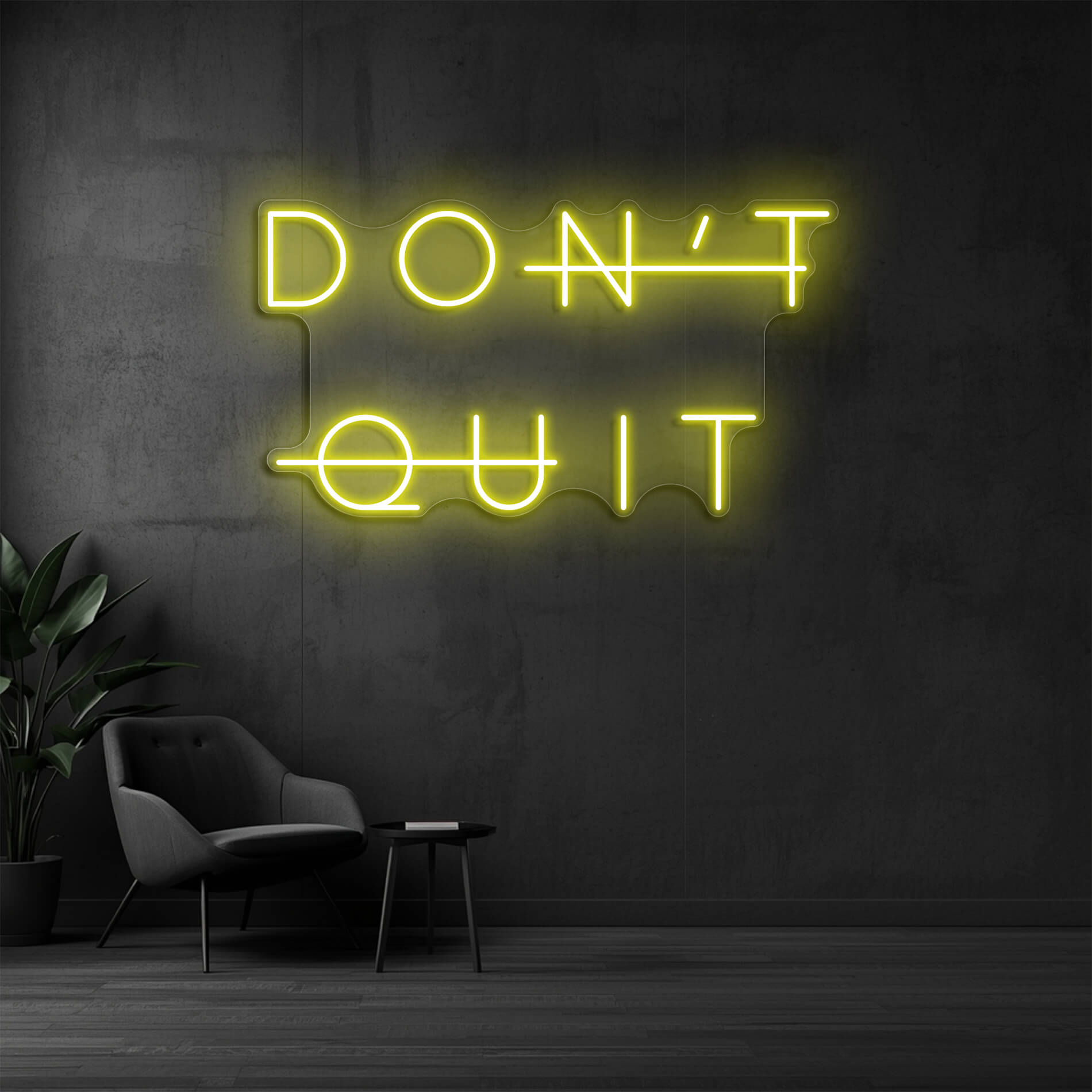 Neon Schriftzug Don't Quit in gelb als inspirierende Wandbeleuchtung