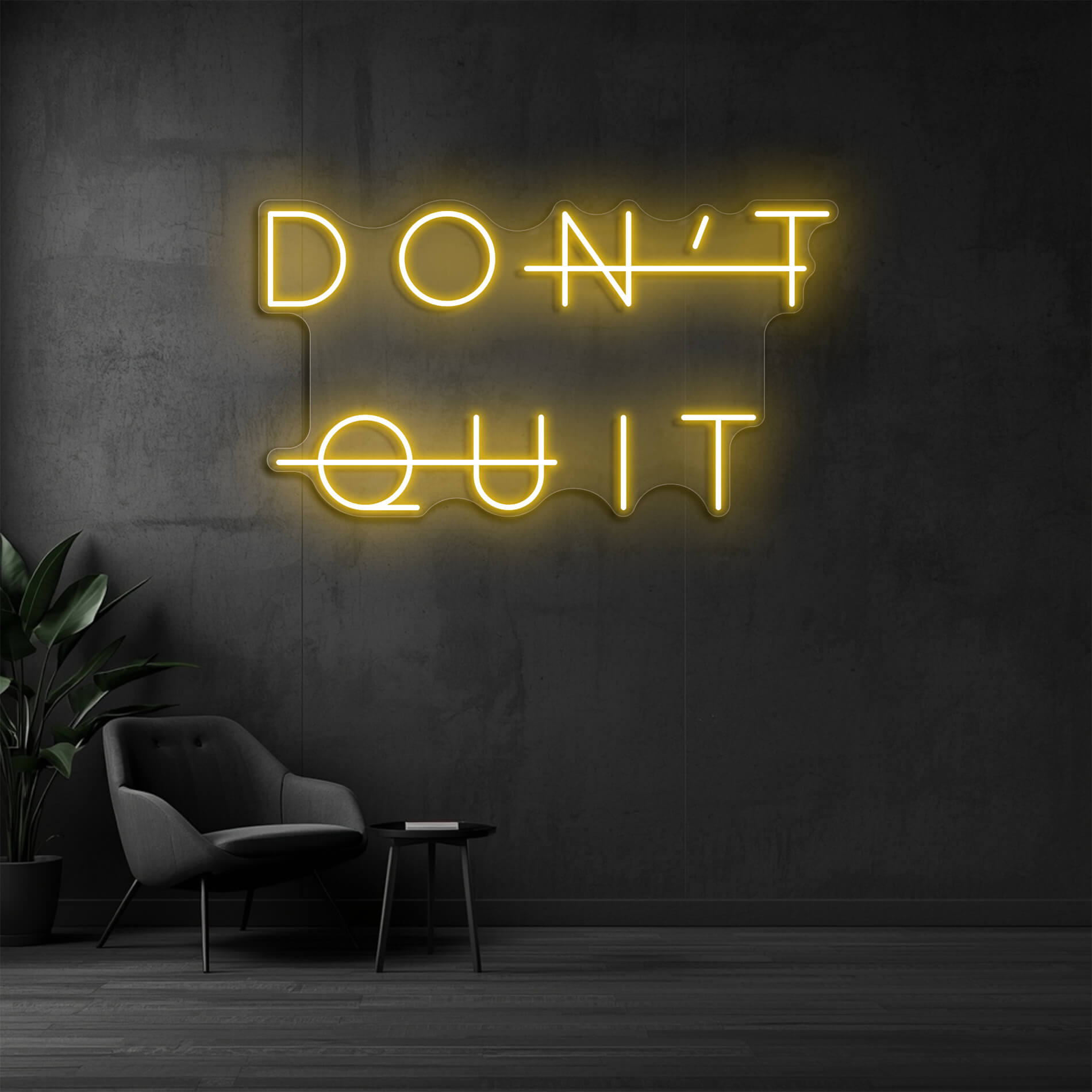 Neon Wandlicht Don't Quit in gold-gelb für Fitnessstudios und Workout-Räume
