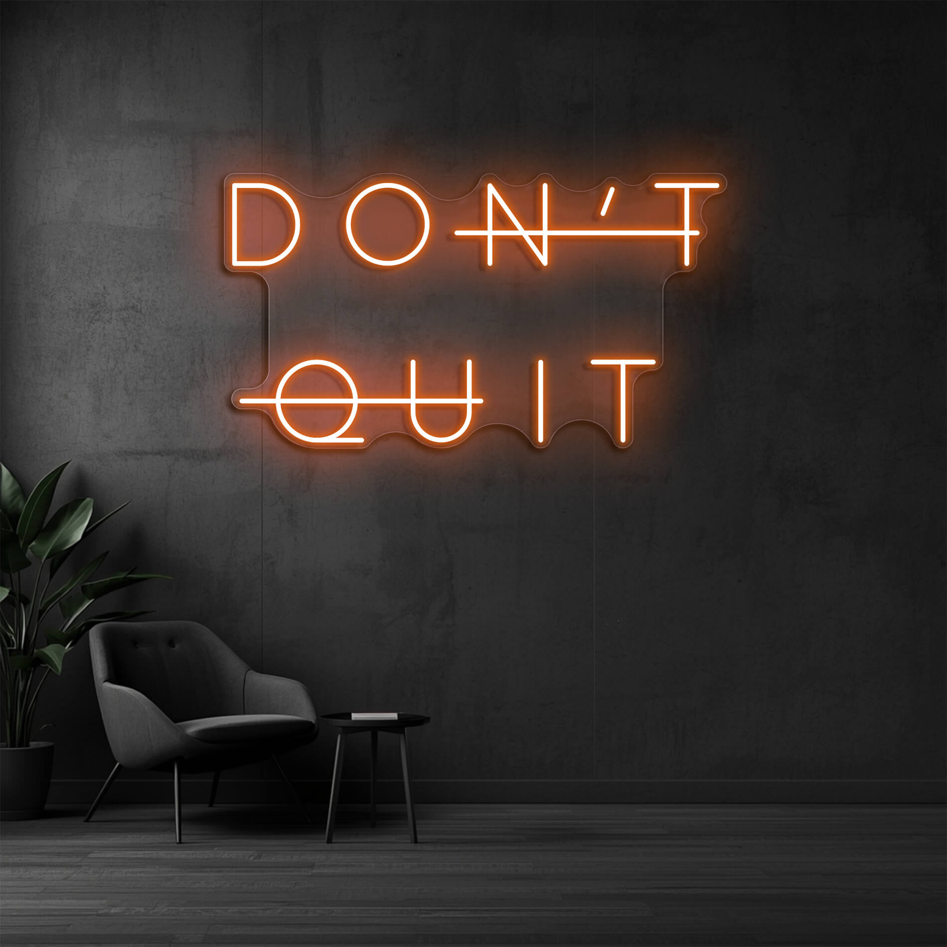 Neon Schriftzug Don't Quit in orange als inspirierende Wandbeleuchtung