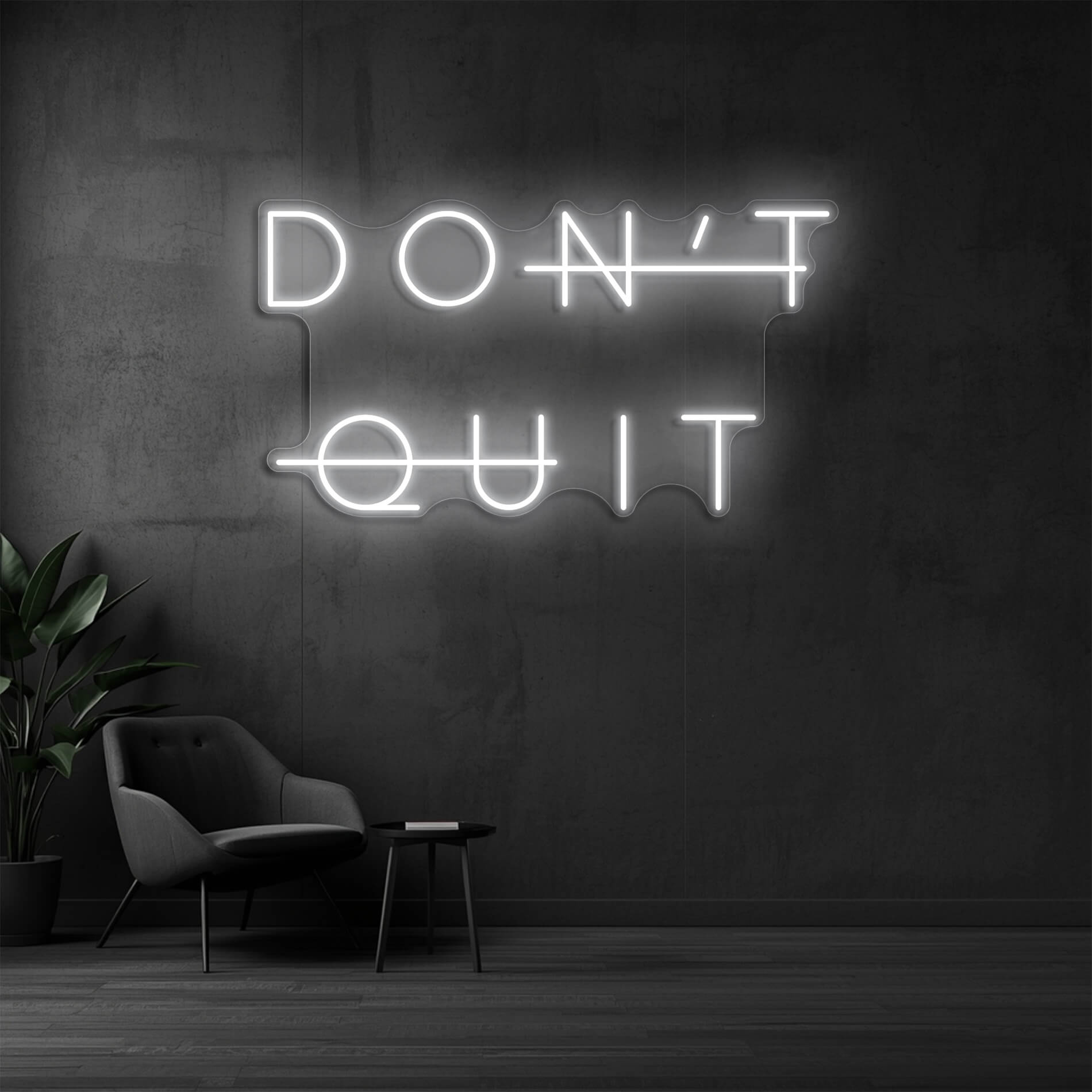 Neon Schriftzug Don't Quit in weiss als inspirierende Wandbeleuchtung