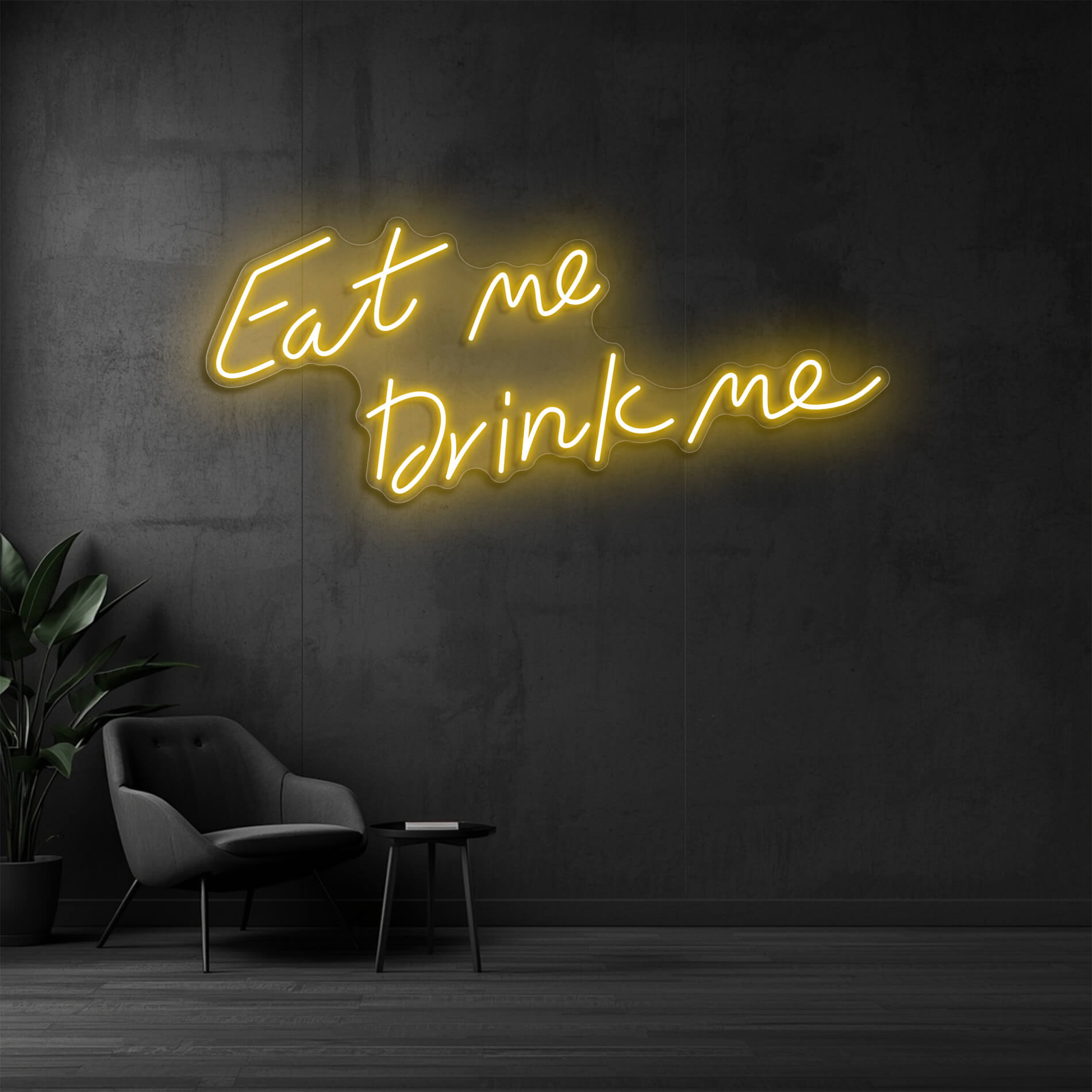 Eat Me Drink Me Neon Schriftzug in gold-gelb für Restaurantbereiche