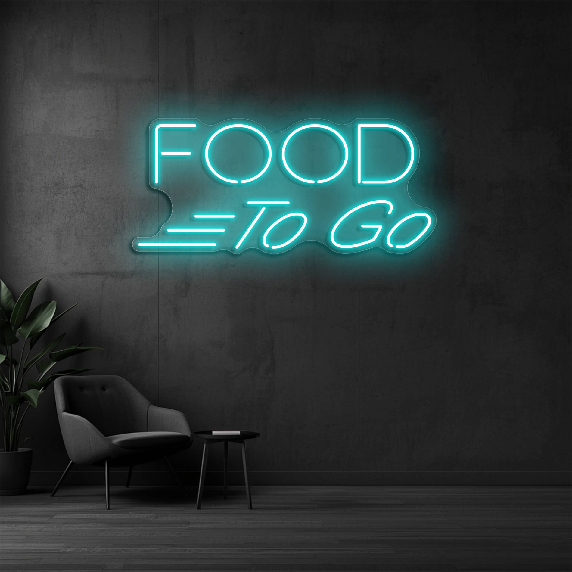 Food To Go Neon Schild eisblau für Take Away Restaurants