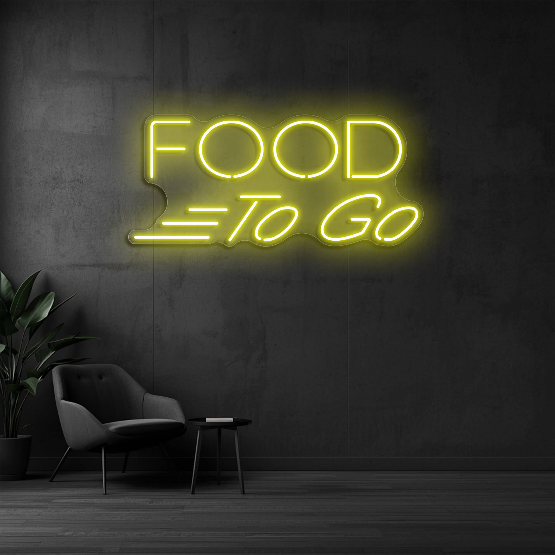 Food To Go Neon Schild gelb für Pizzerien