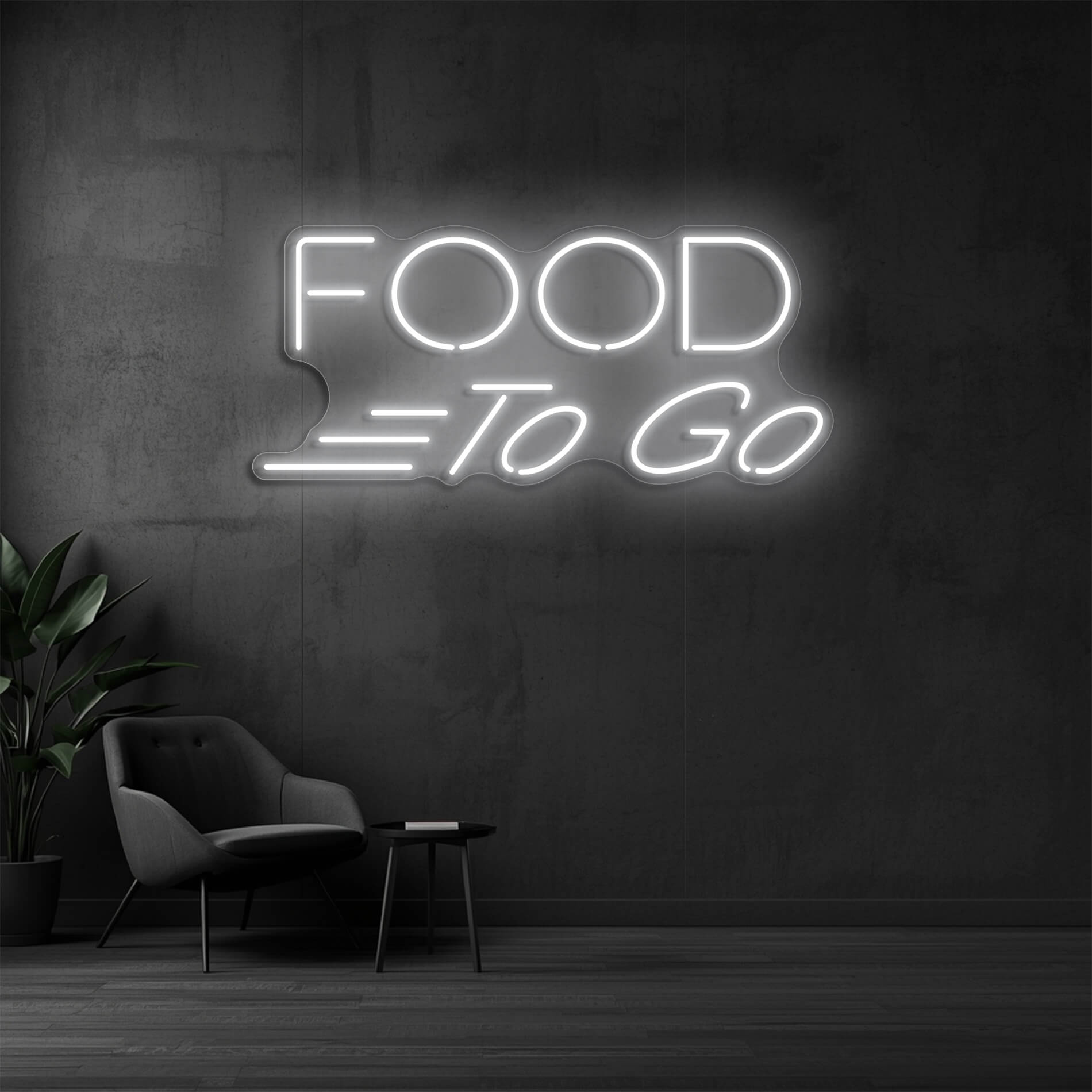 Food To Go Neon Schild weiss für Imbisse und Take Away Restaurants