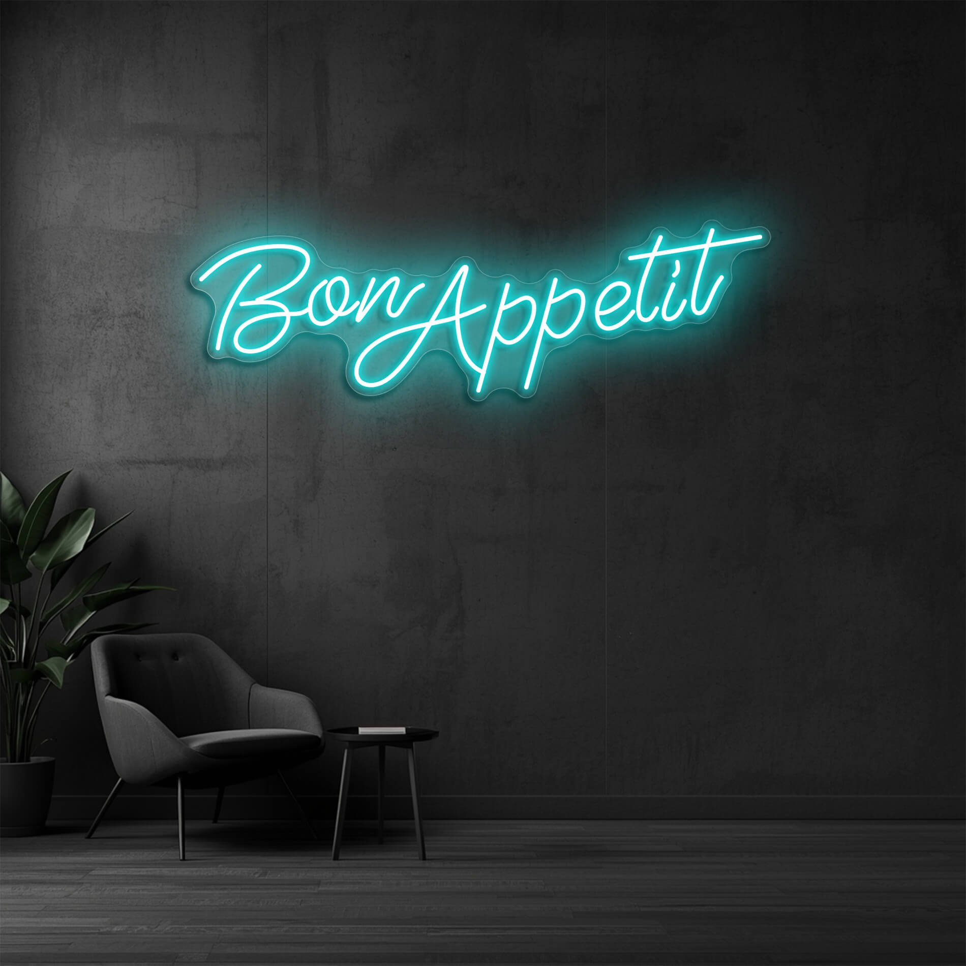LED Beleuchtung Gastronomie Bon Appetit in eis-blau als dekorative Leuchtschrift für Pizzeria oder Restaurants