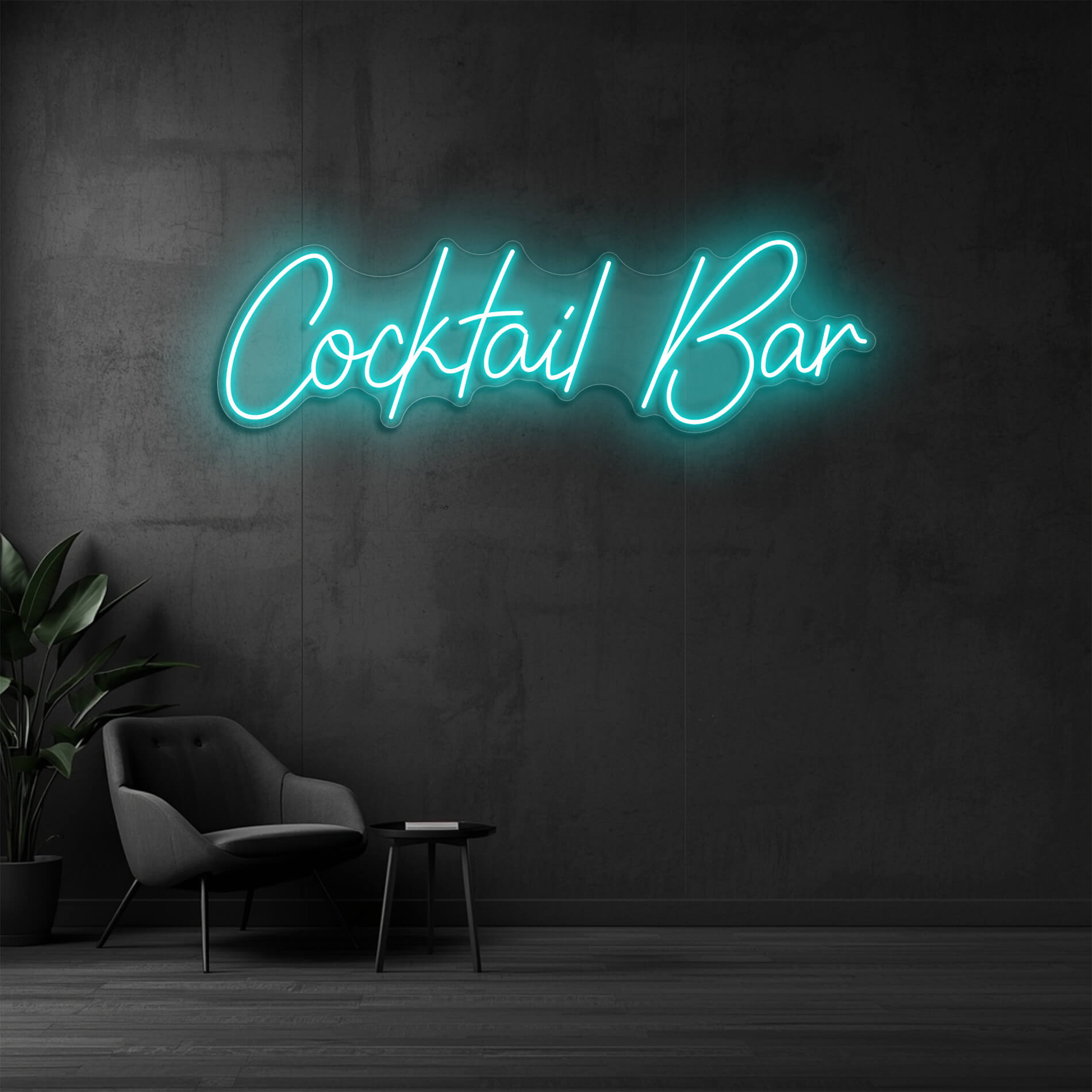 Neon Schriftzug Cocktail Bar in eis-blau als dekorative Lounge Beleuchtung