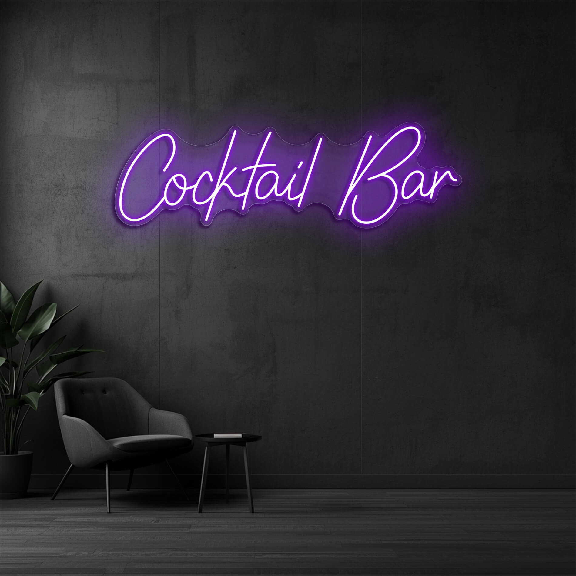 Cocktail Bar Neon Schriftzug in violett als moderne Beleuchtung für Gastronomiebetriebe