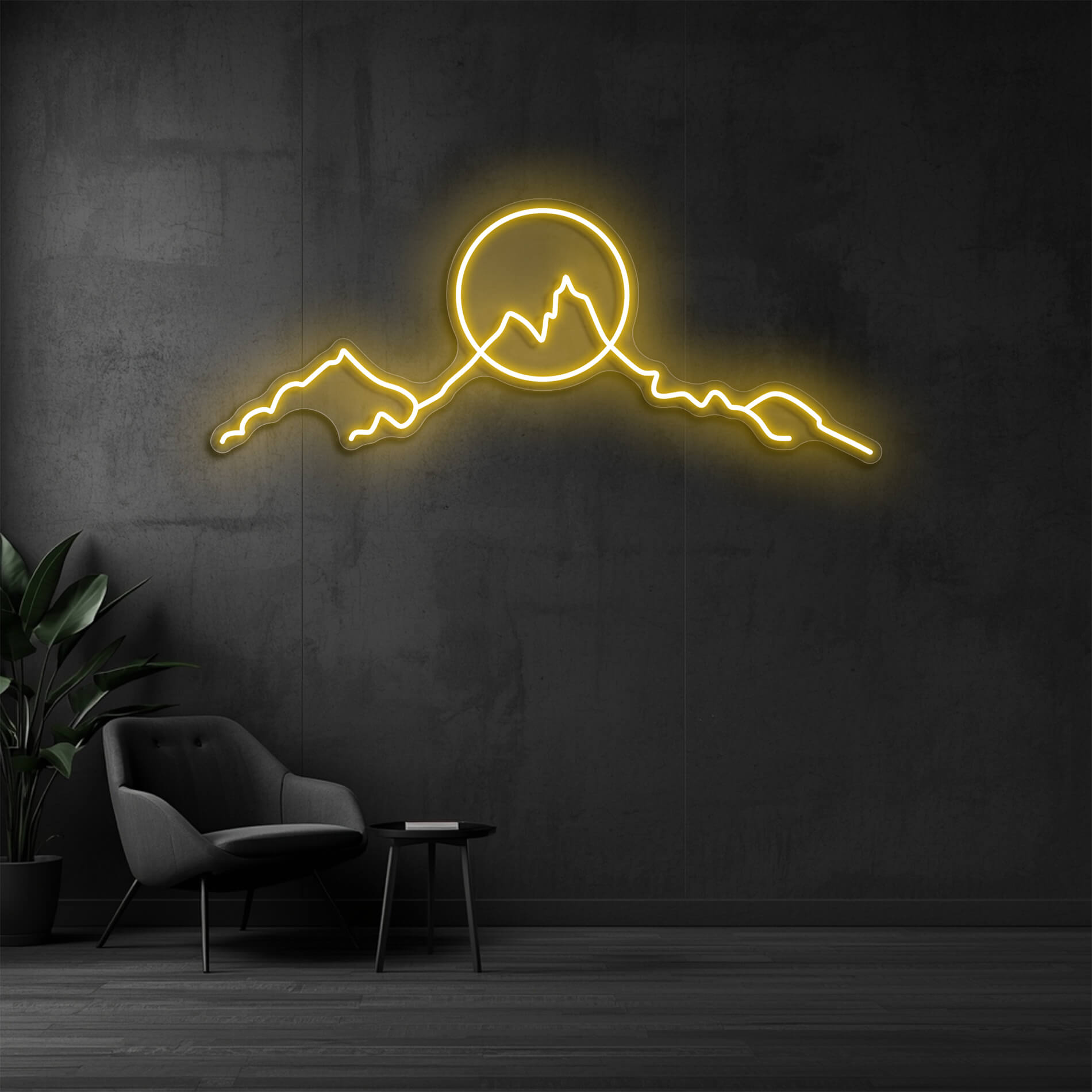 LED Neon Bergmotiv goldgelb als stilvolle Landschaftsbeleuchtung