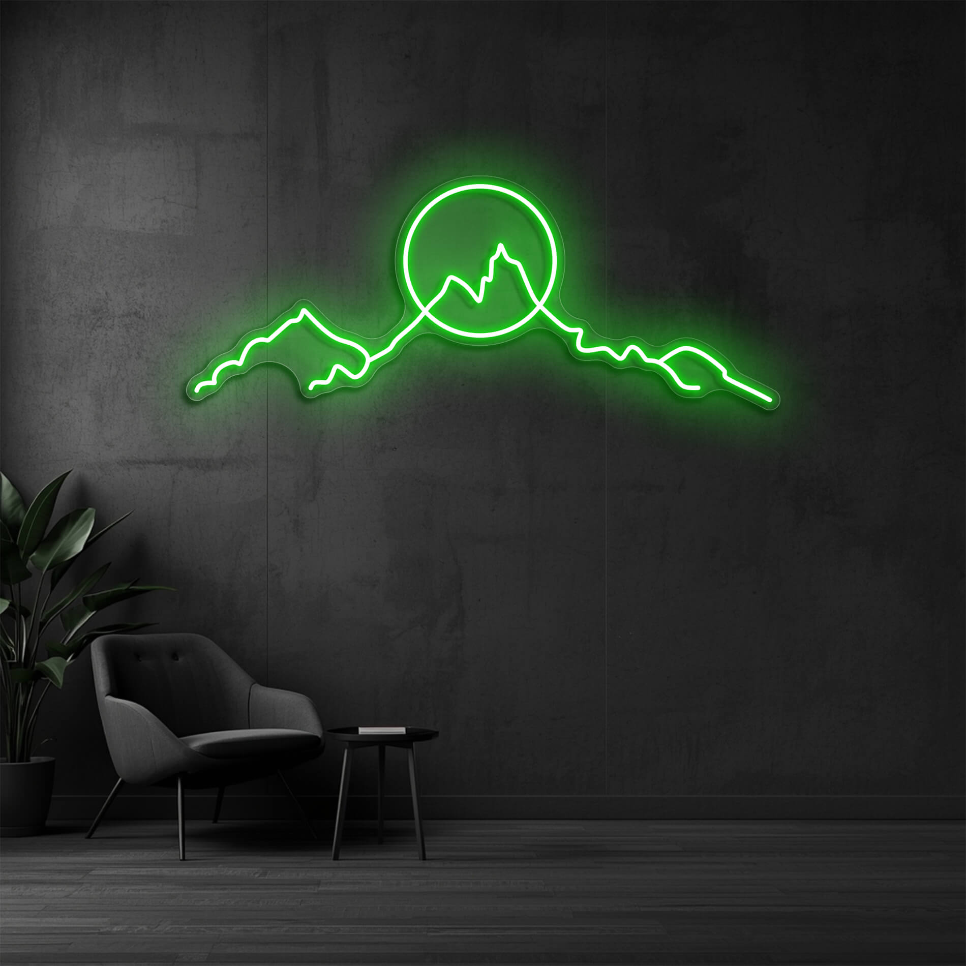 LED Neon Bergmotiv gruen als modernes Landschaftslicht