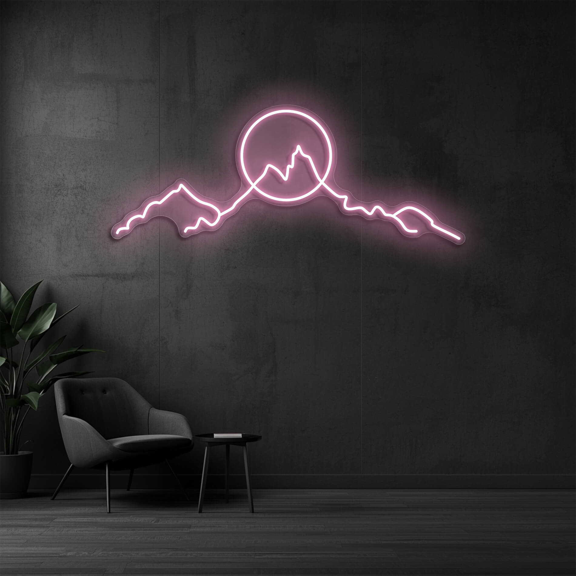 LED Neon Bergmotiv light pink als sanftes Landschaftslicht