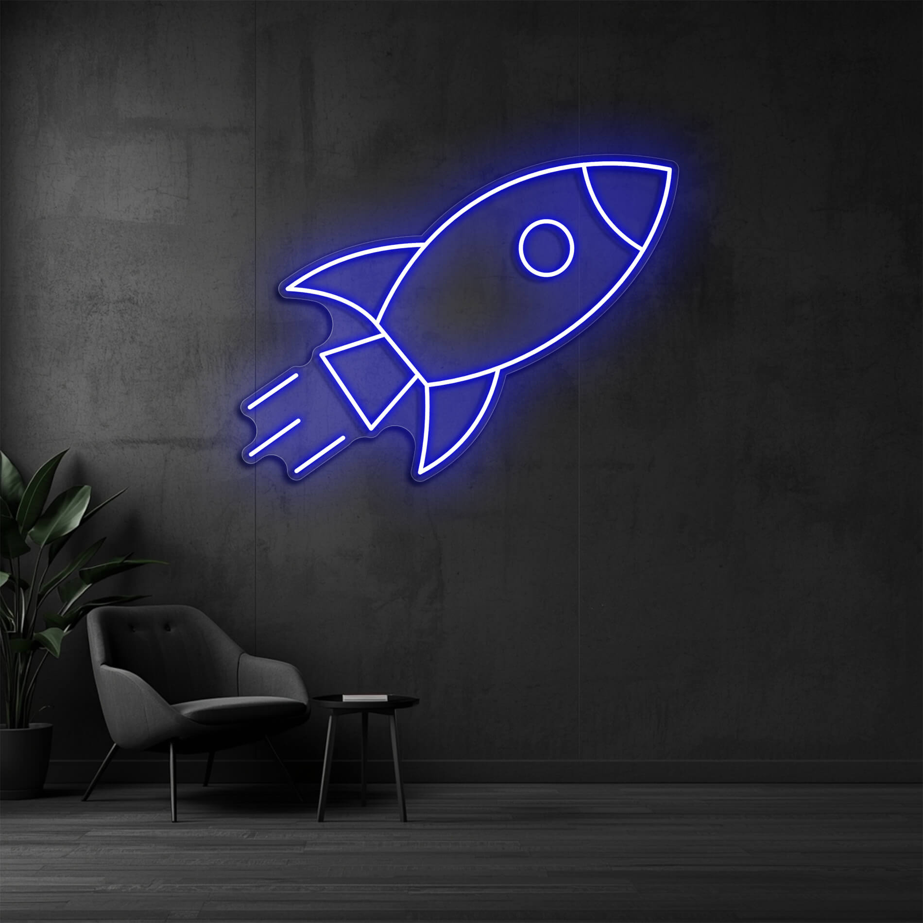 LED Neon Rakete blau als futuristisches Raumdesign