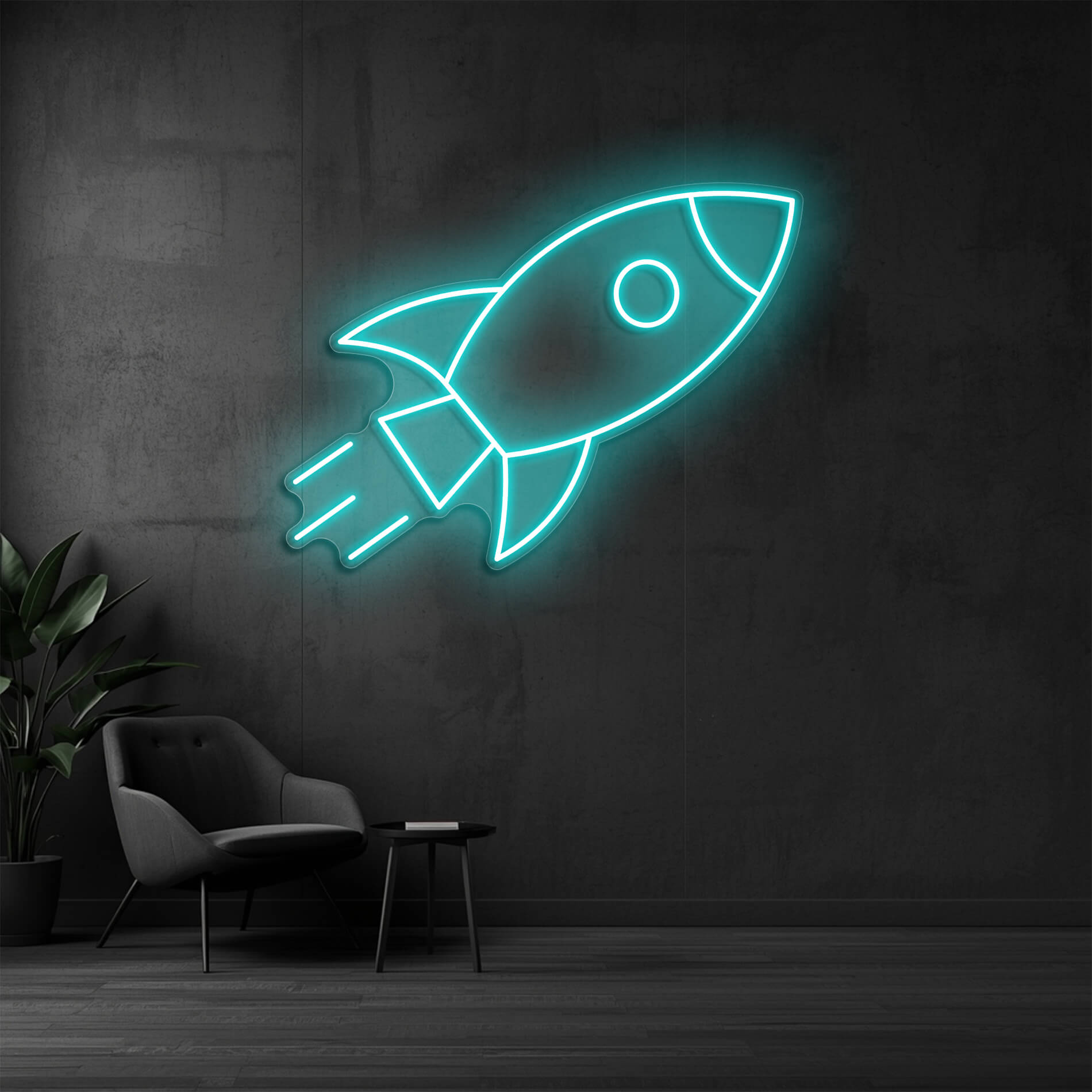 LED Neon Rakete eisblau als modernes Lichtobjekt