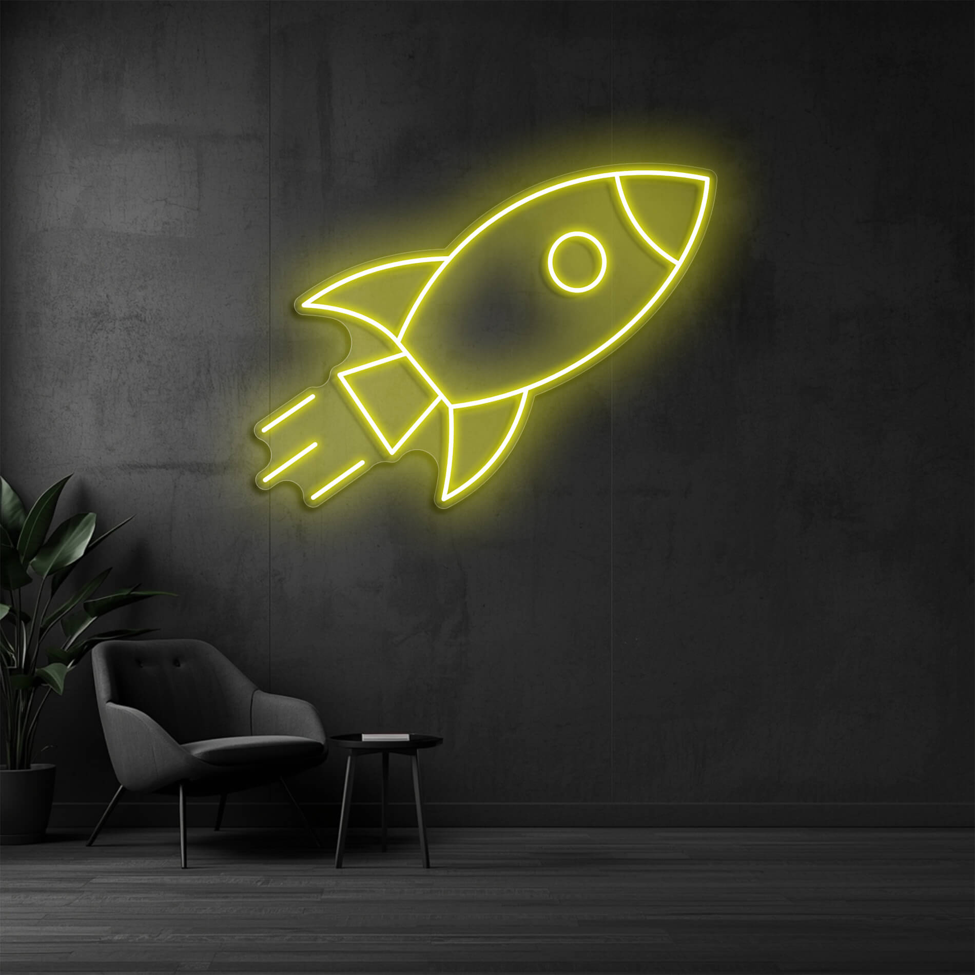 LED Neon Rakete gelb als modernes Lichtdesign