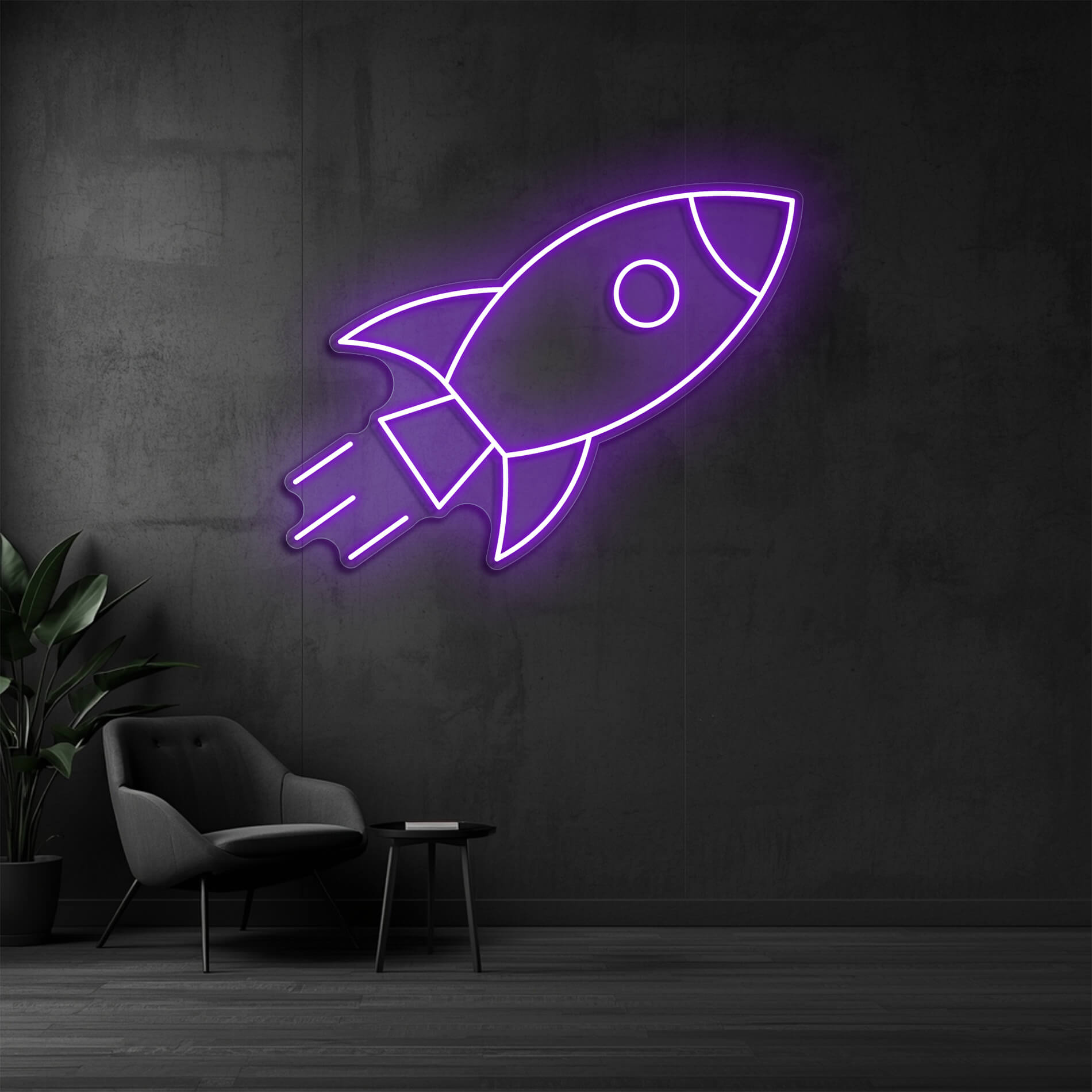 LED Neon Rakete violett als futuristisches Lichtdesign