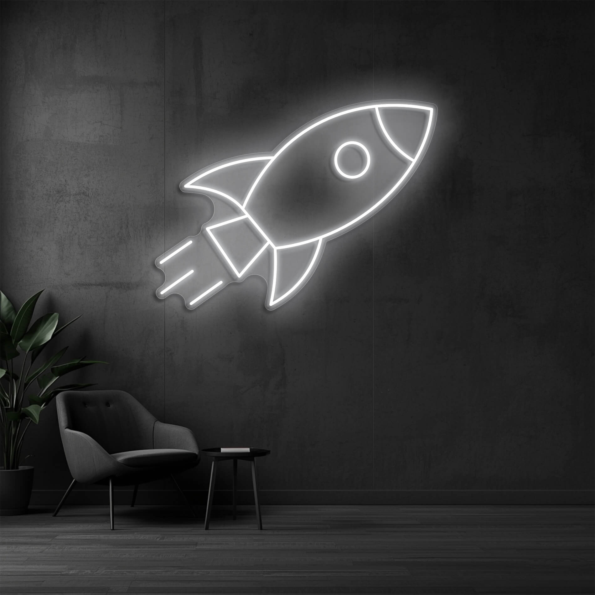 LED Neon Rakete weiss als modernes Lichtobjekt