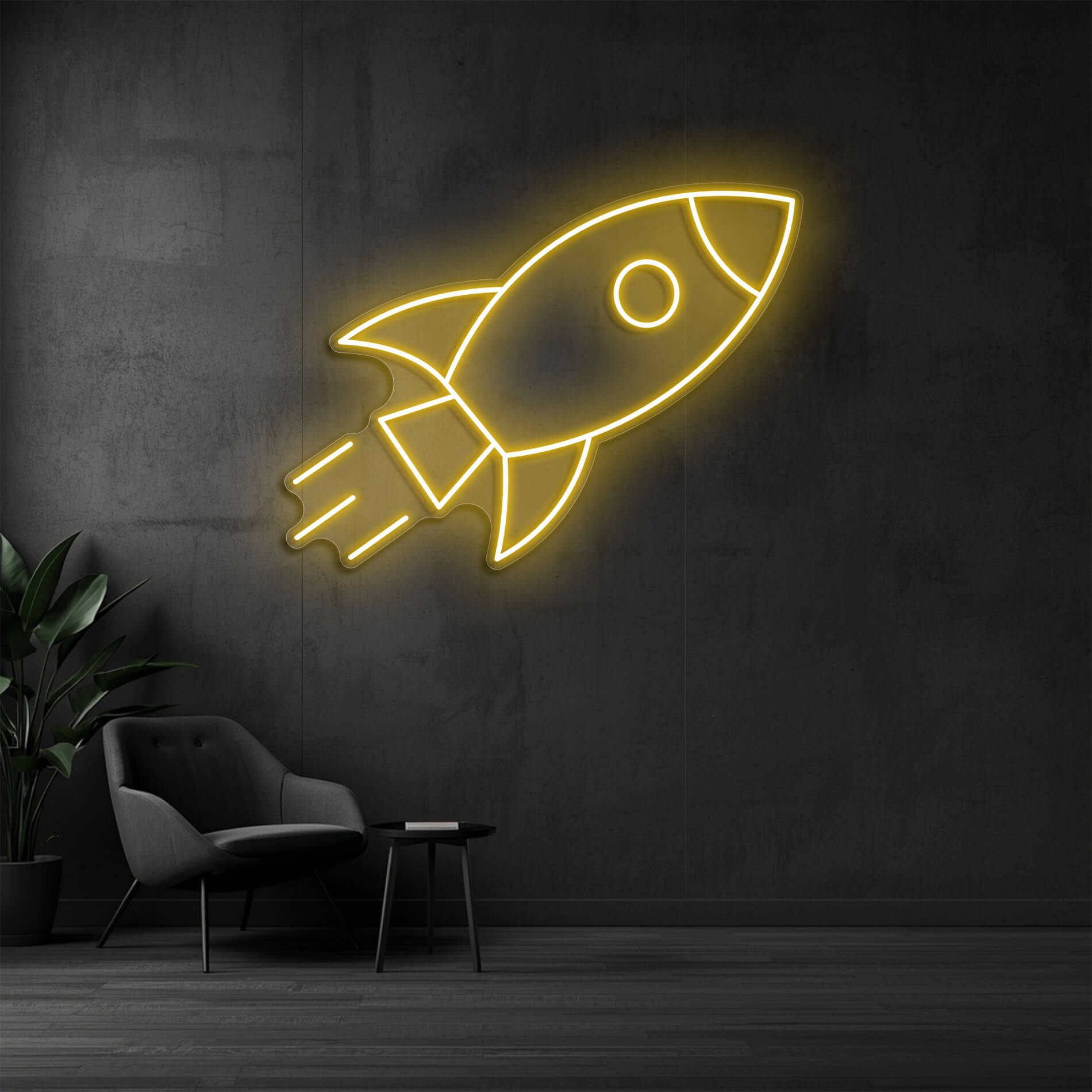 LED Neon Raketenmotiv goldgelb als warme Raumbeleuchtung
