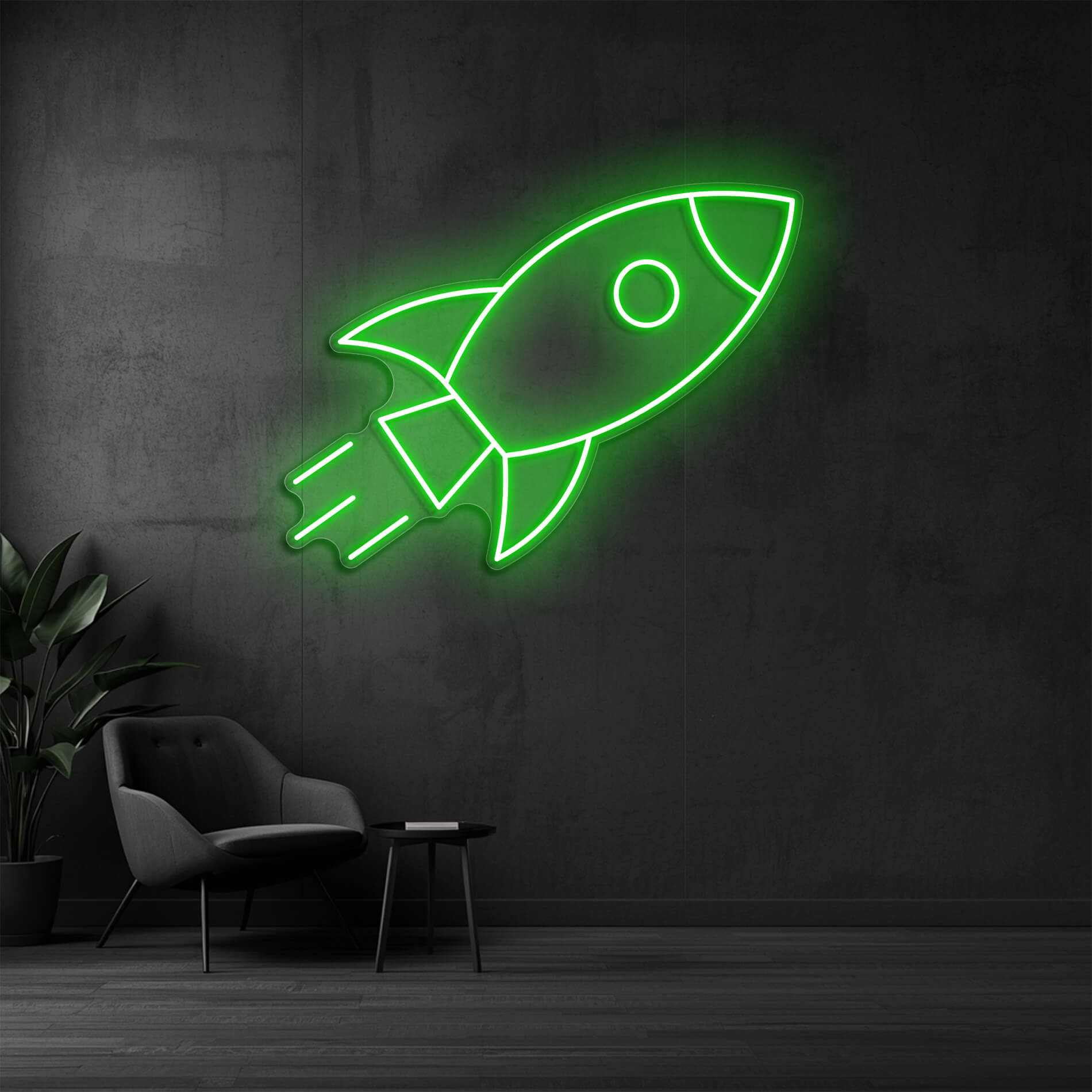 LED Neon Raketenmotiv gruen als kreatives Raumdesign