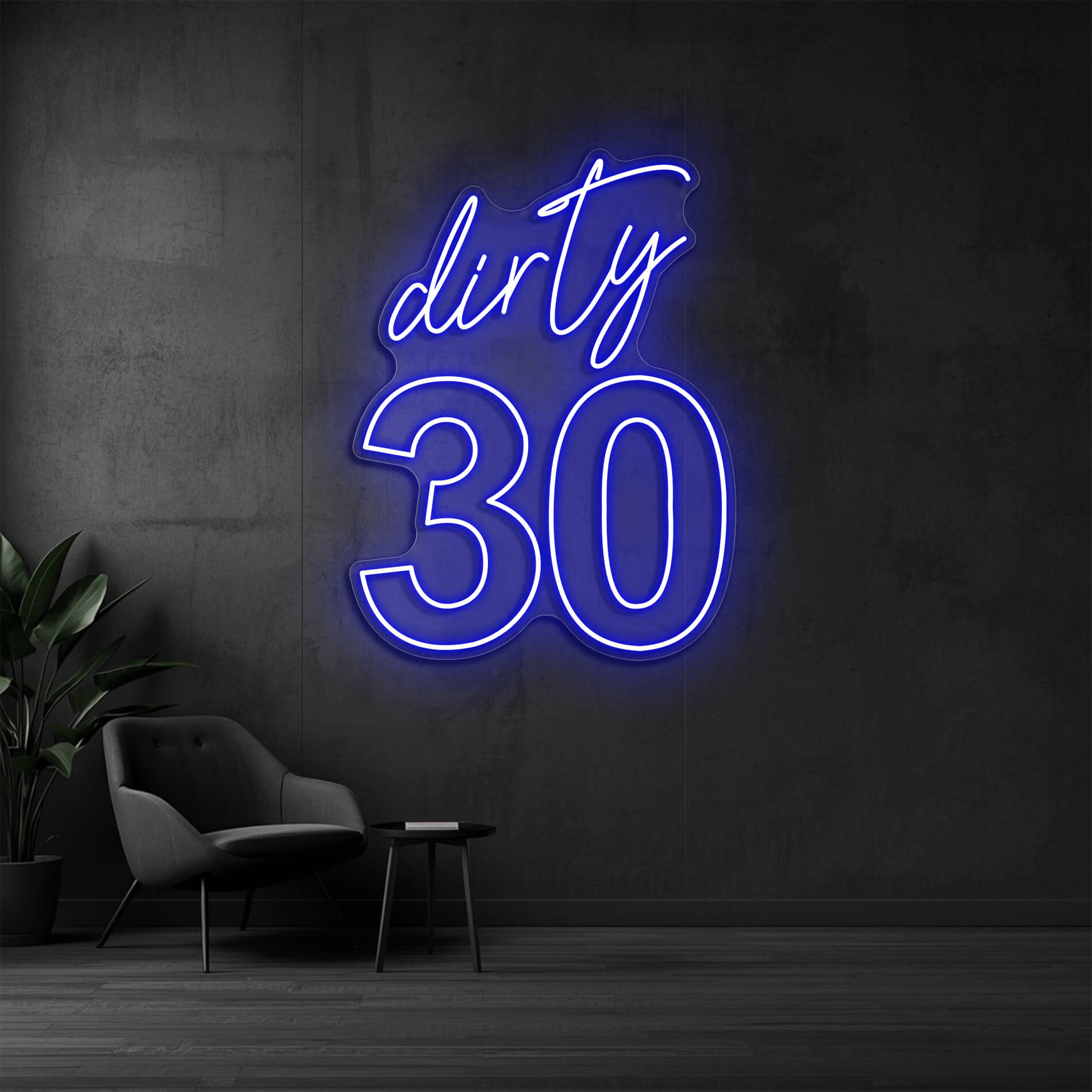LED Neon Schild Dirty 30 in blau als Beleuchtung für den 30. Geburtstag