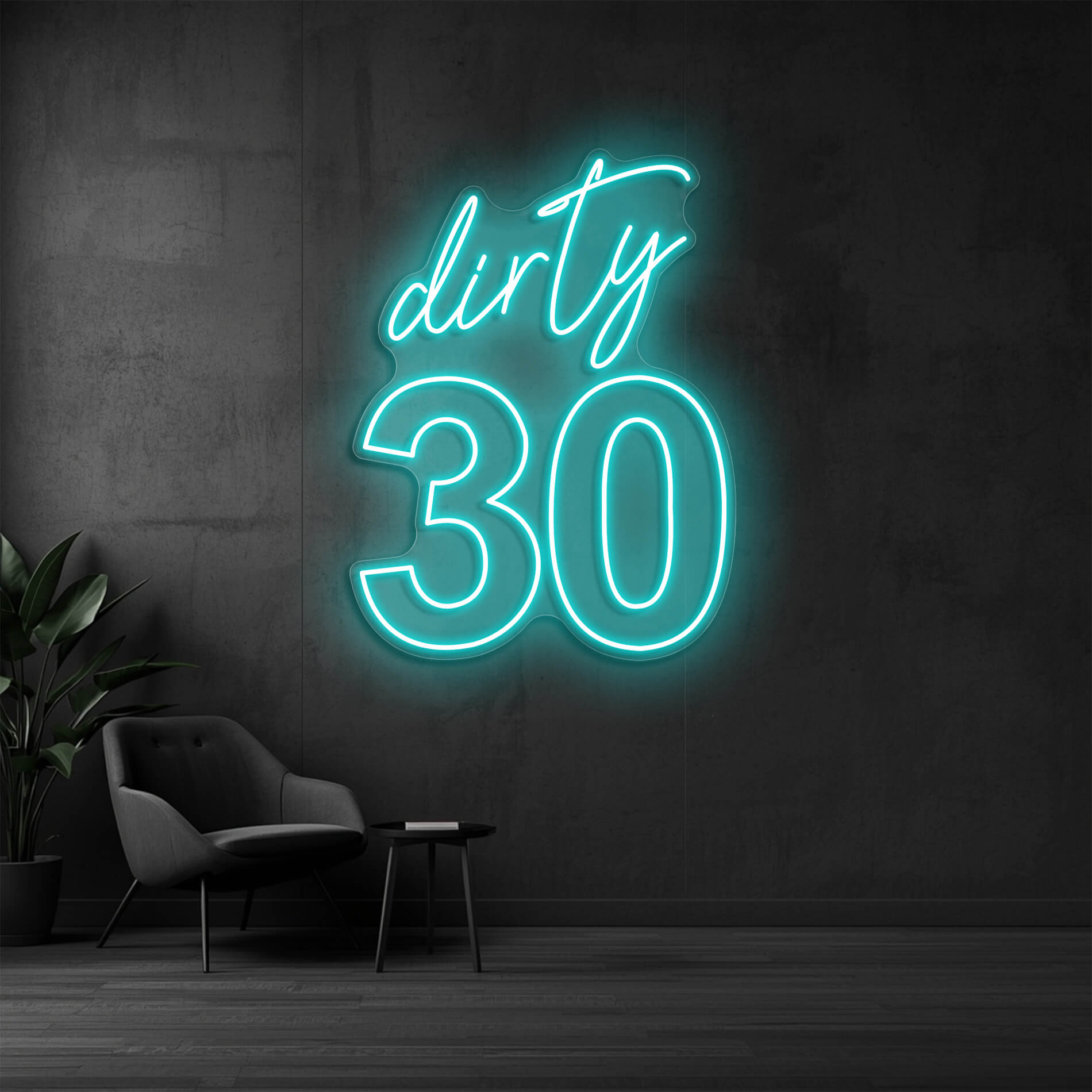 LED Neon Schild Dirty 30 in eis-blau als Beleuchtung für den 30. Geburtstag
