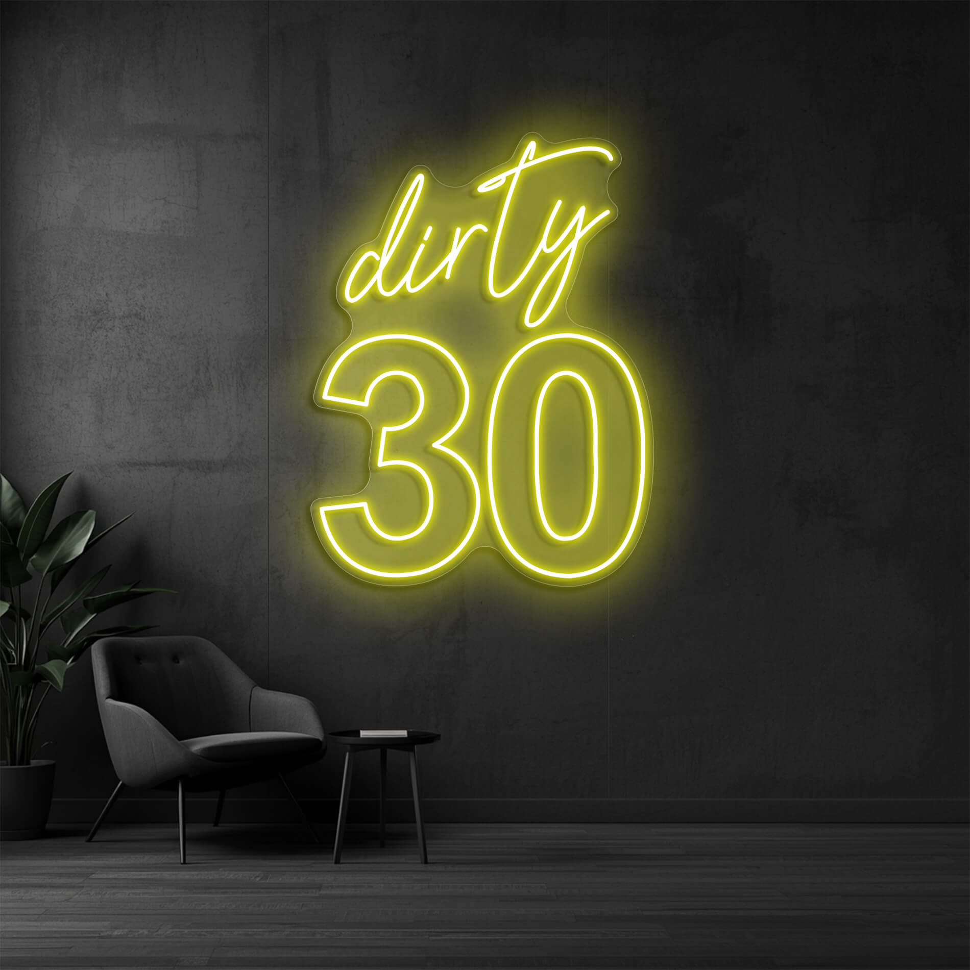 Dirty 30 Neon Licht in gelb für Geburtstagsfeiern und Partys