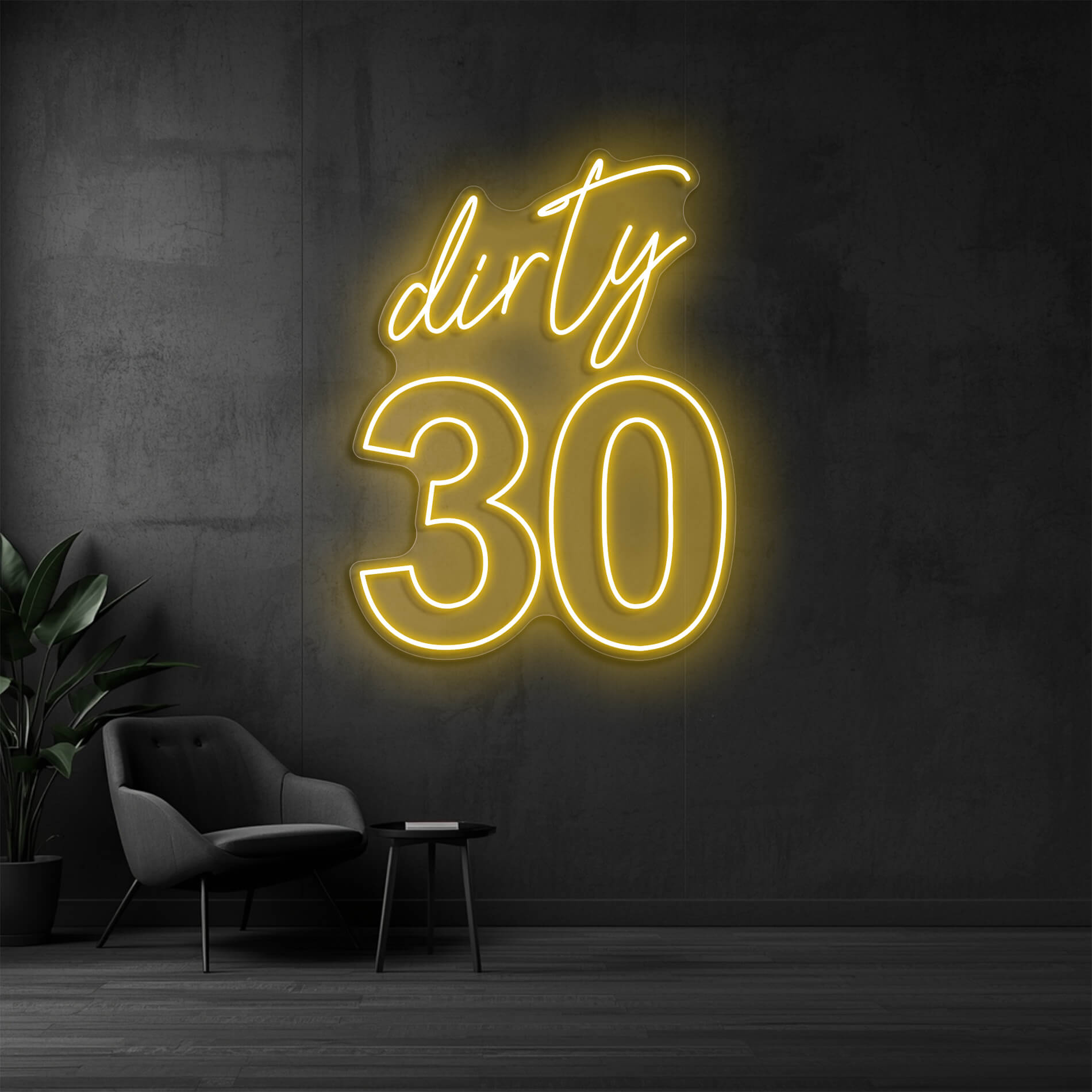LED Neon Schild Dirty 30 in gold-gelb als Beleuchtung für den 30. Geburtstag