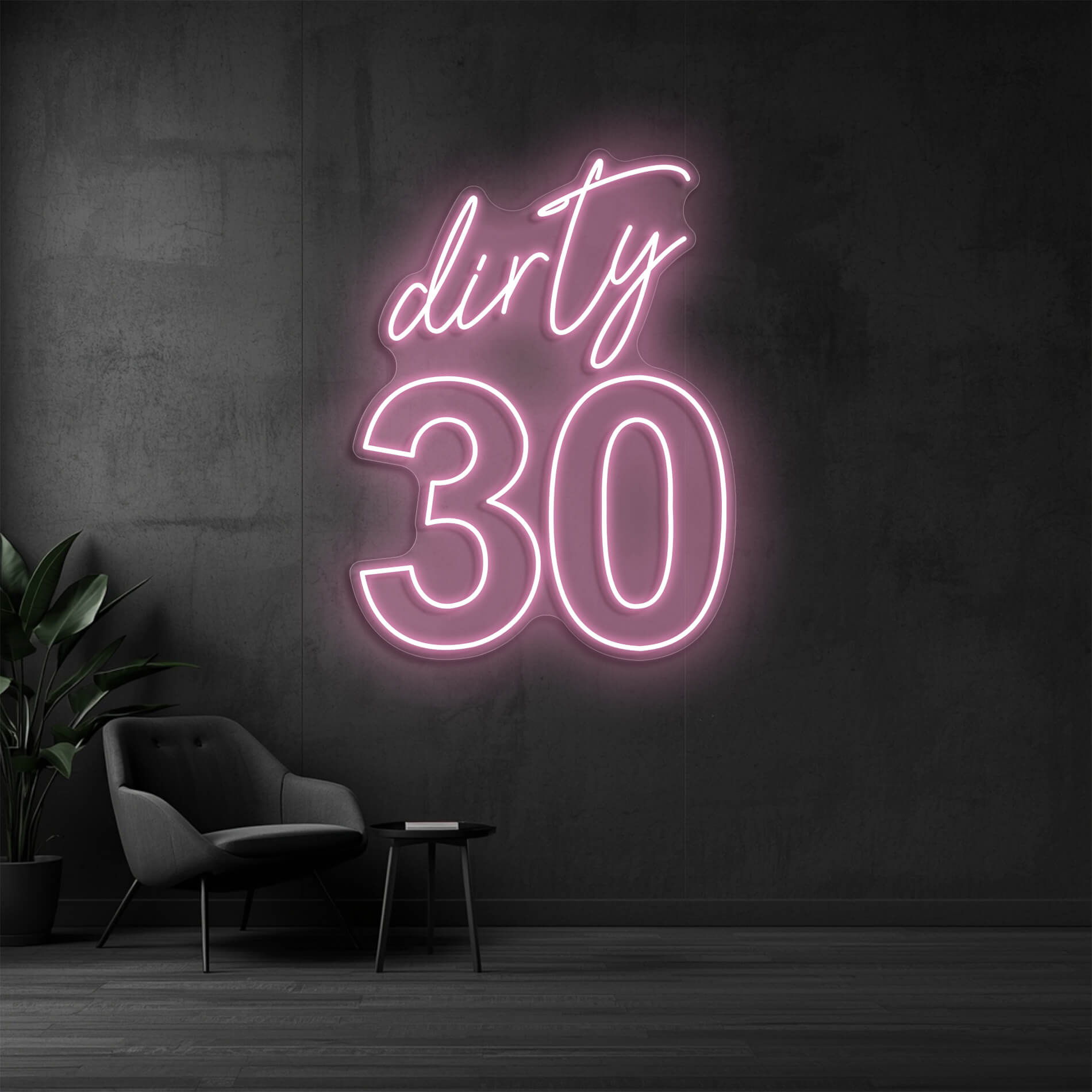 Dirty 30 Neon Licht in light-pink für Fotobereiche bei Geburtstagsfeiern