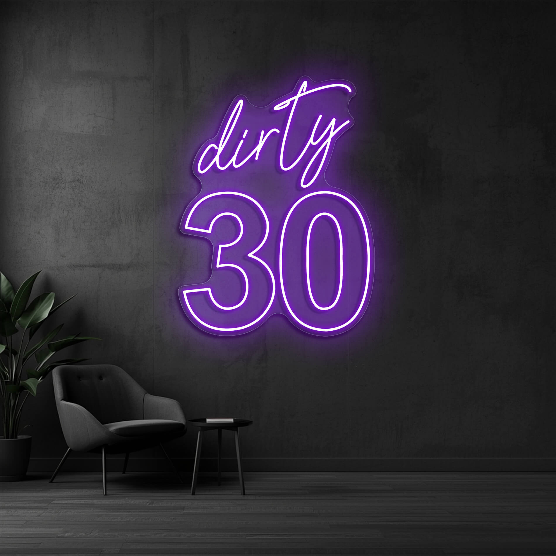 LED Neon Schild Dirty 30 in violett als Beleuchtung für den 30. Geburtstag