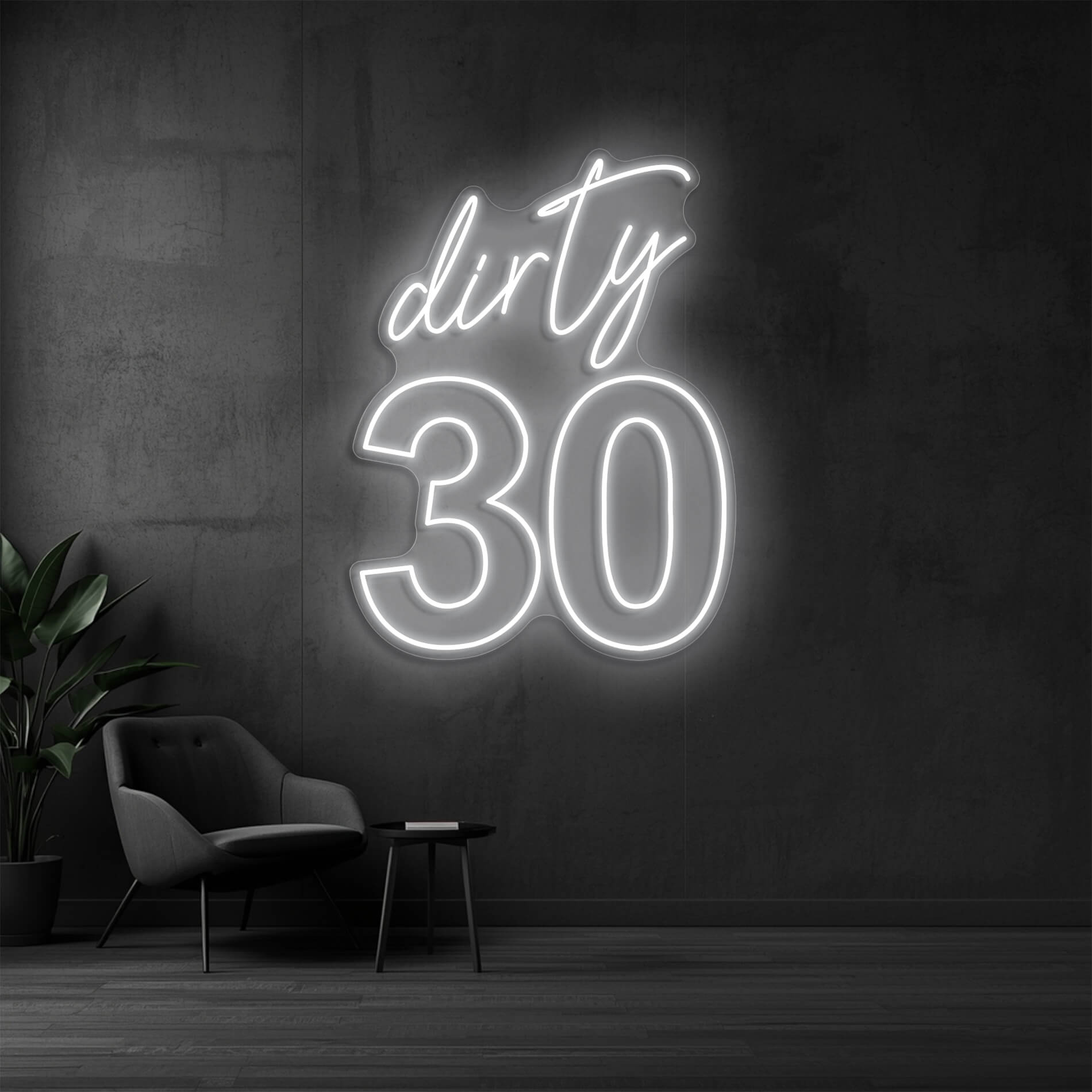 Dirty 30 Neon Licht in weiss für Fotobereiche bei Geburtstagsfeiern