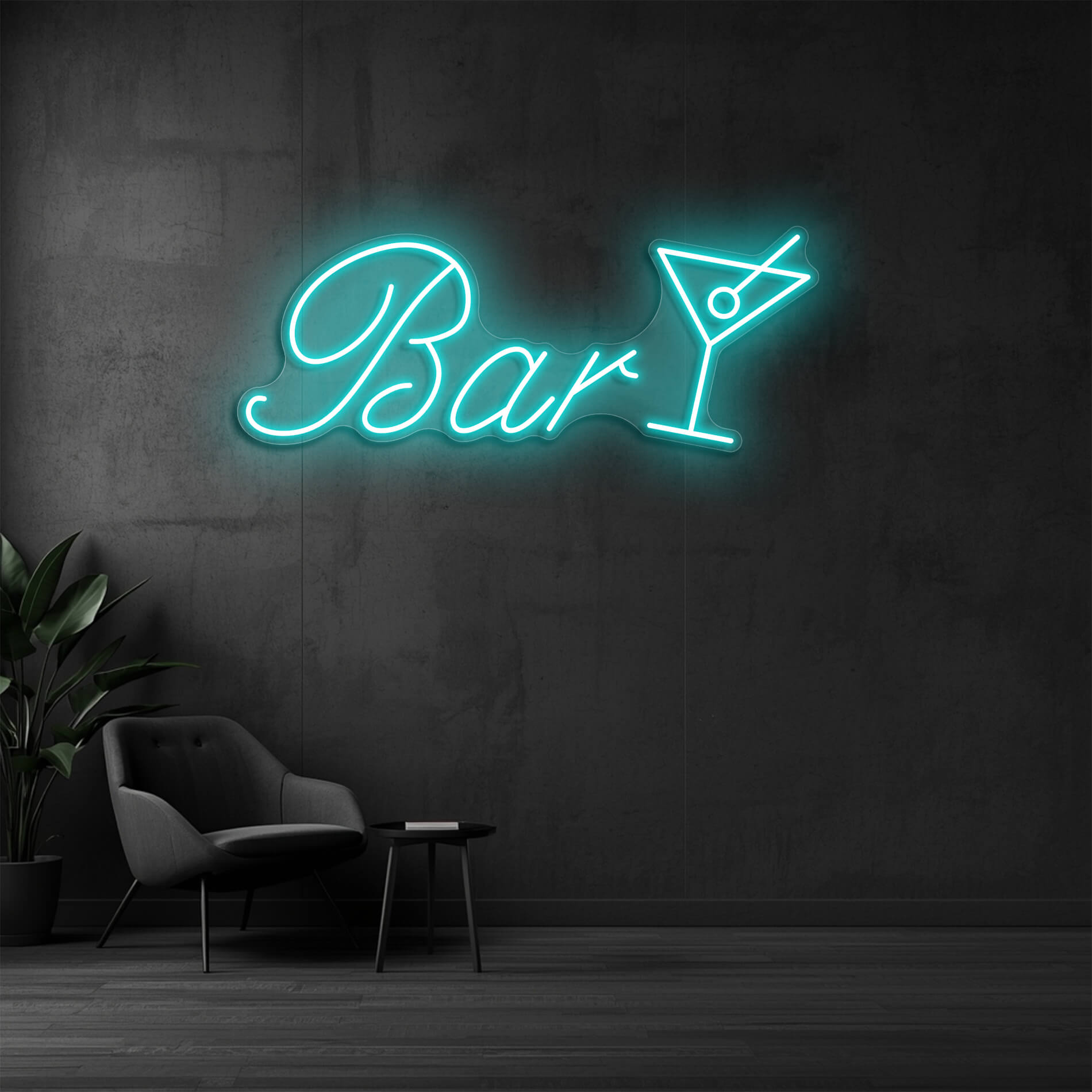 LED Neon Schild Bar mit Cocktailglas in eis blau als stilvolle Neonbeleuchtung für Bars und Lounges