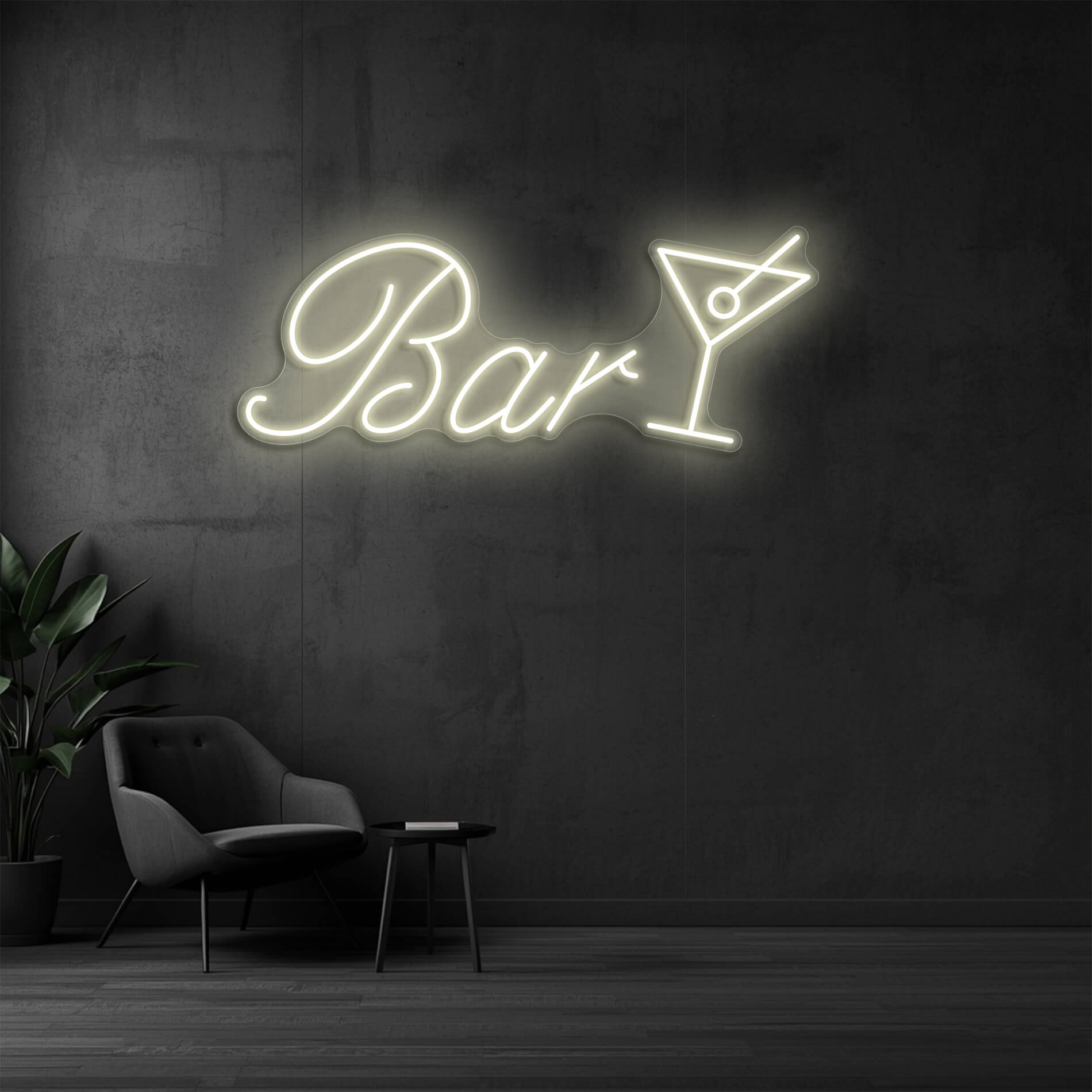 LED Neon Schild Bar mit Cocktailglas in warm weiß als stilvolle Neonbeleuchtung für Bars und Lounges