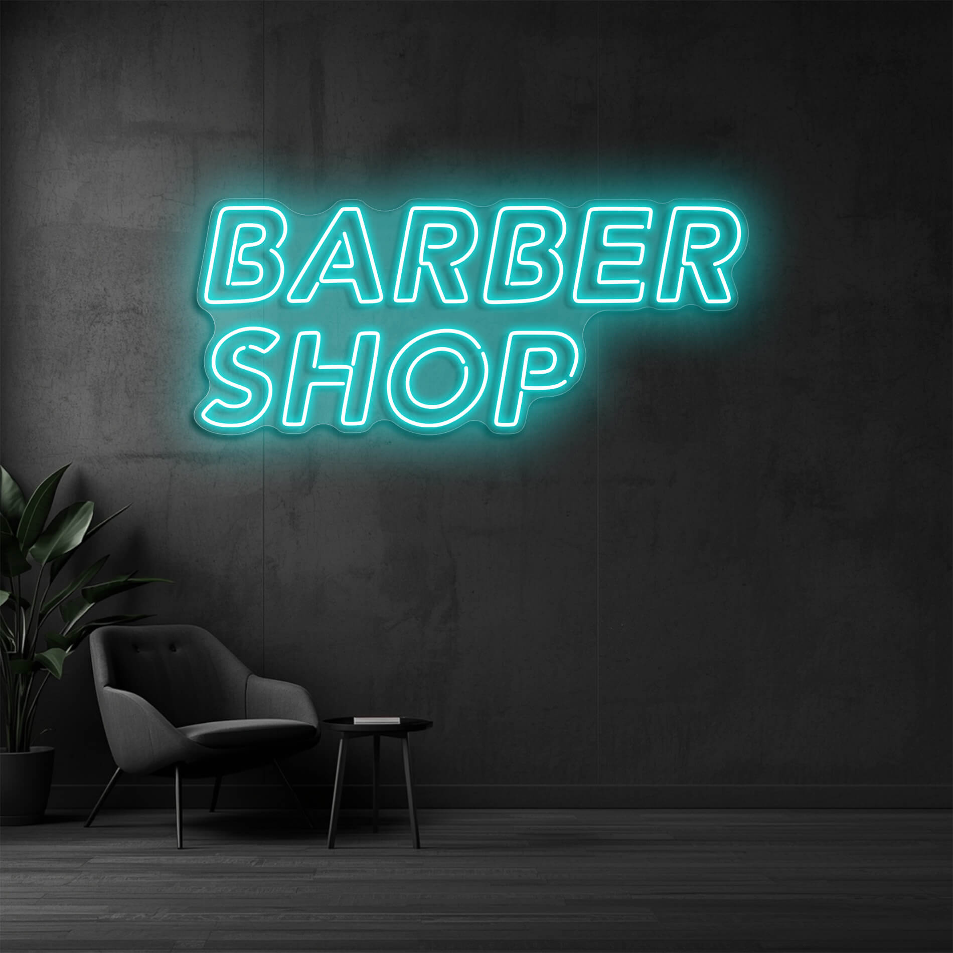 LED Neon Schild Barber Shop in eis-blau als stilvolle LED Neonbeleuchtung für Barber Studios