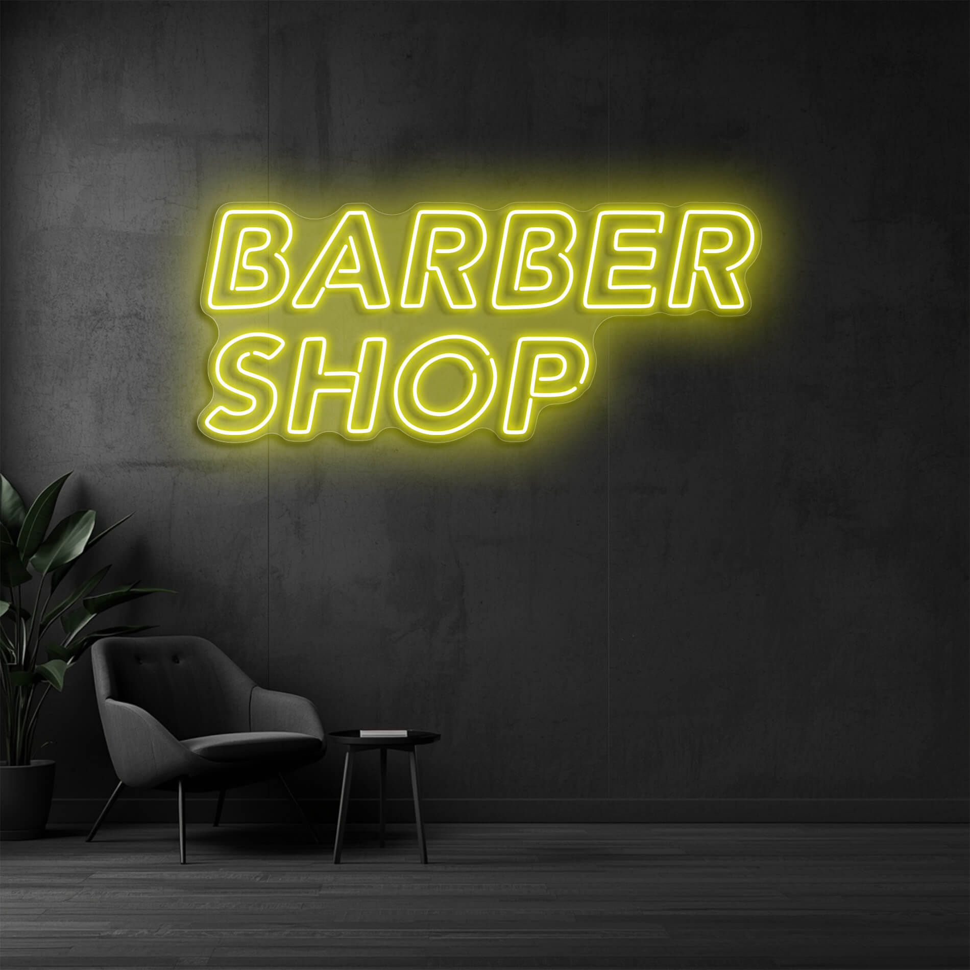 LED Neon Schild Barber Shop in gelb als Neonbeleuchtung für Friseure und Barbershops
