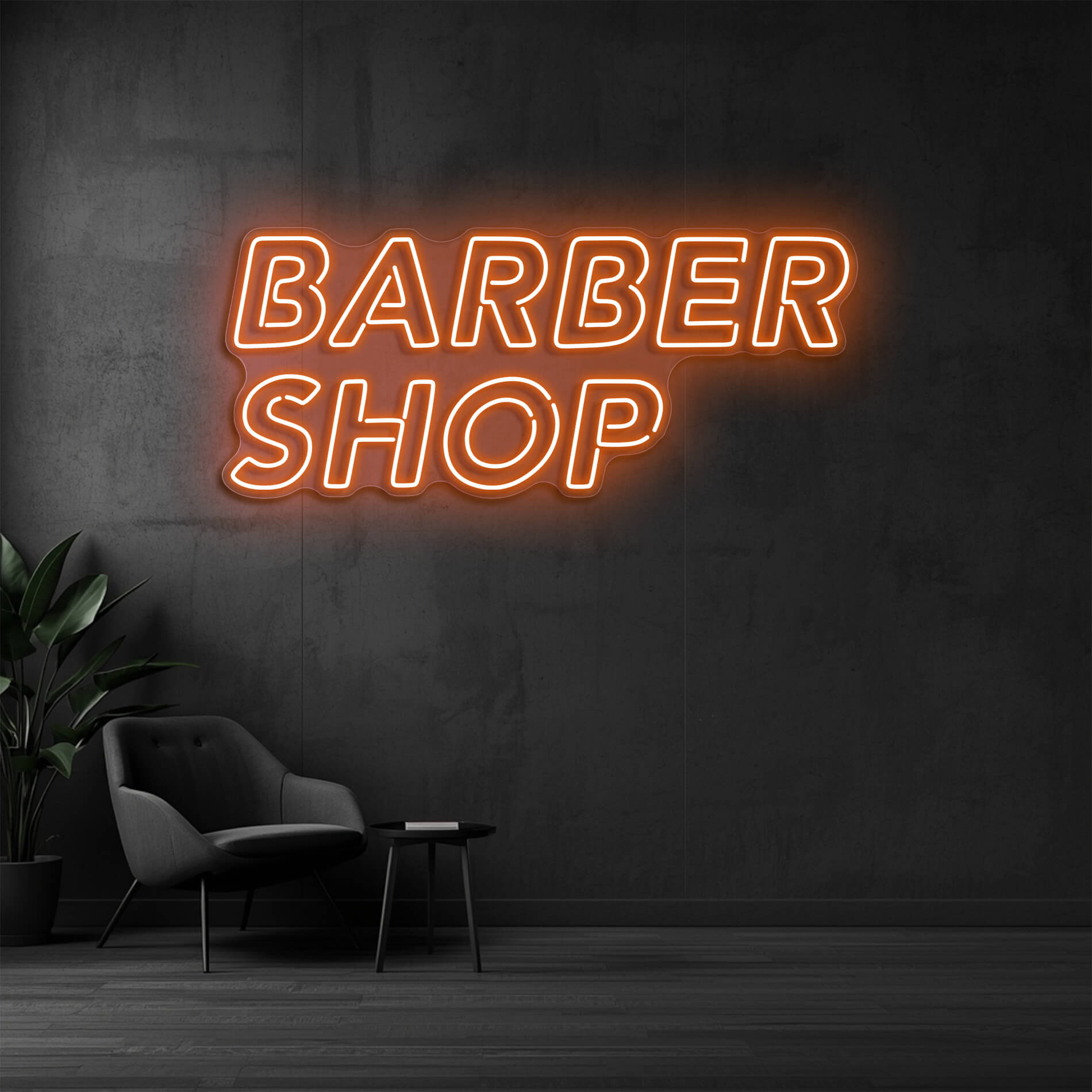 LED Neon Schild Barber Shop in orange als Neonbeleuchtung für Friseure und Barbershops