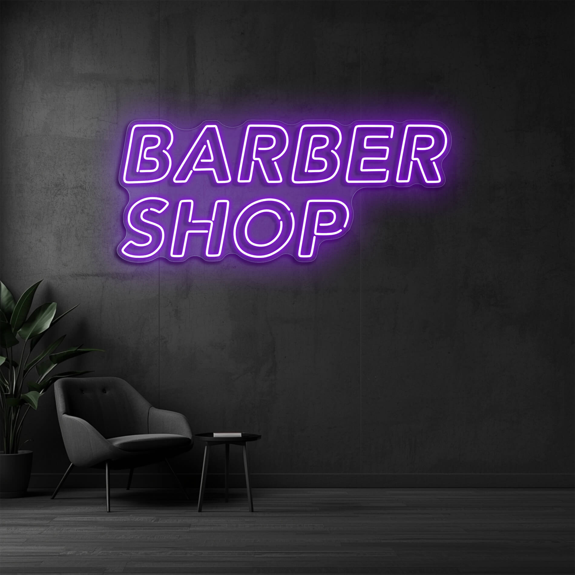 LED Neon Schild Barber Shop in violett als Neonbeleuchtung für Friseure und Barbershops