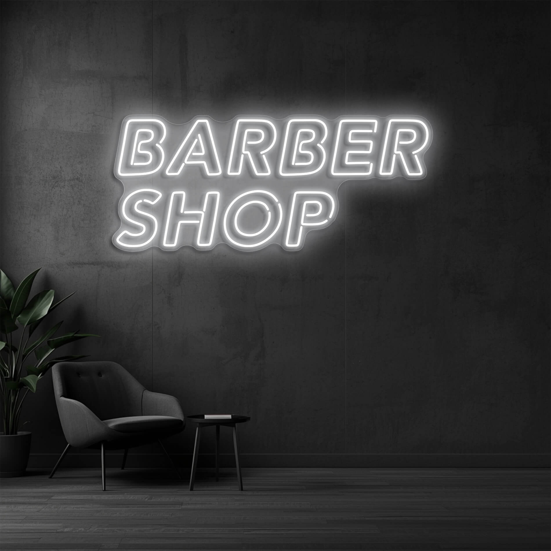 LED Neon Schild Barber Shop in weiß als stilvolle LED Neonbeleuchtung für Barber Studios