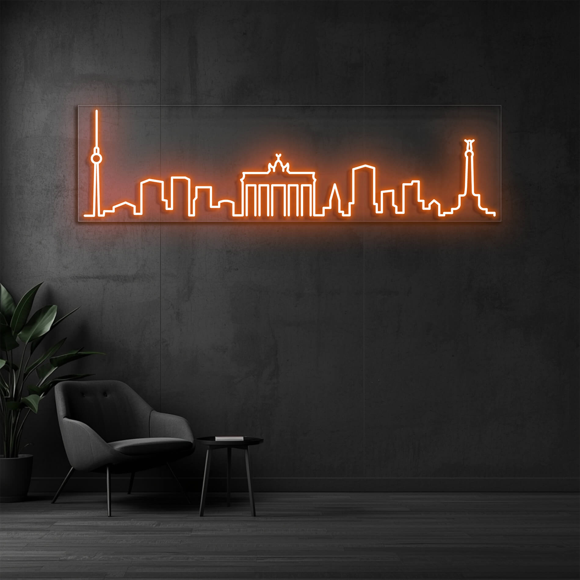 LED Neon Schild Berlin in orange mit Fernsehturm und Brandenburger Tor