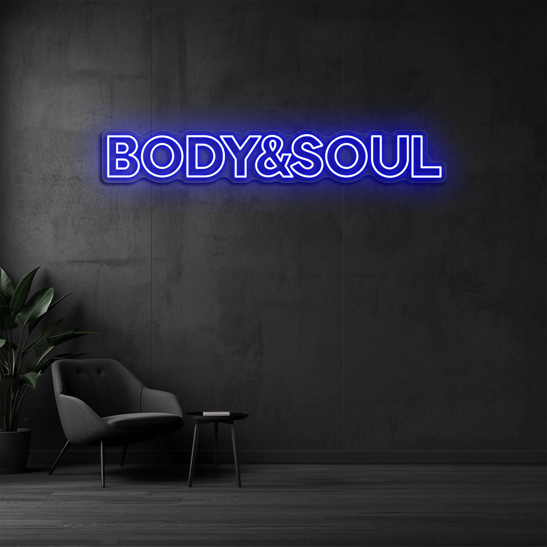 LED Neon Schild Body & Soul in blau als Neonbeleuchtung für Beauty Studios