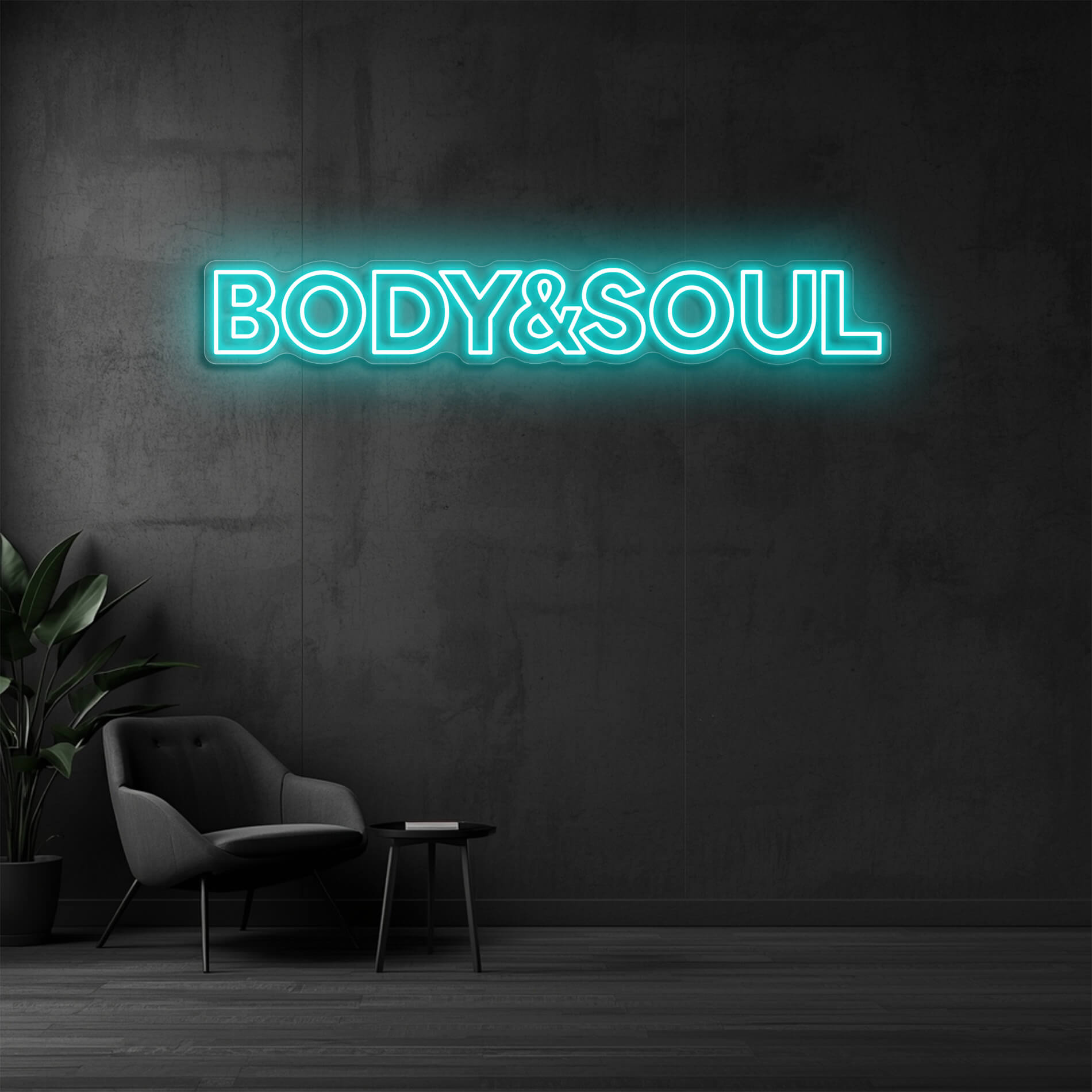 LED Neon Schild Body & Soul in eis-blau als Neonbeleuchtung für Beauty Studios