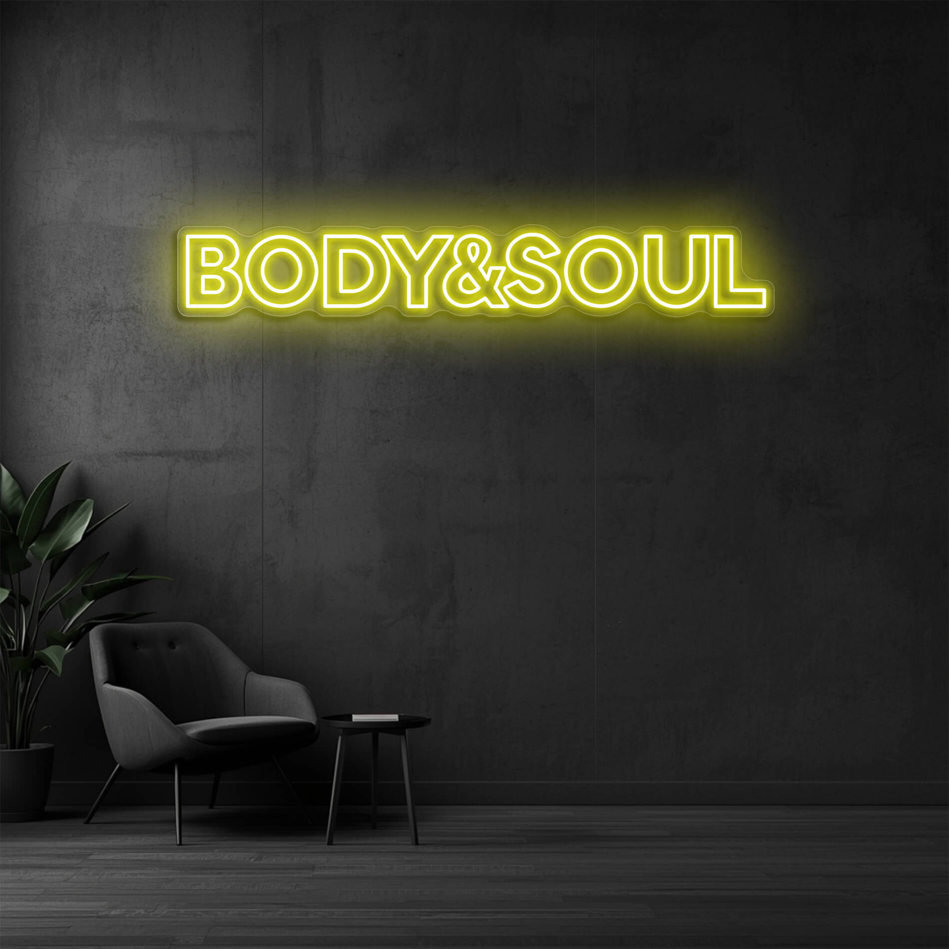 LED Neon Schild Body & Soul in gelb als stilvolle Neonbeleuchtung für Spa und Wellnessbereiche