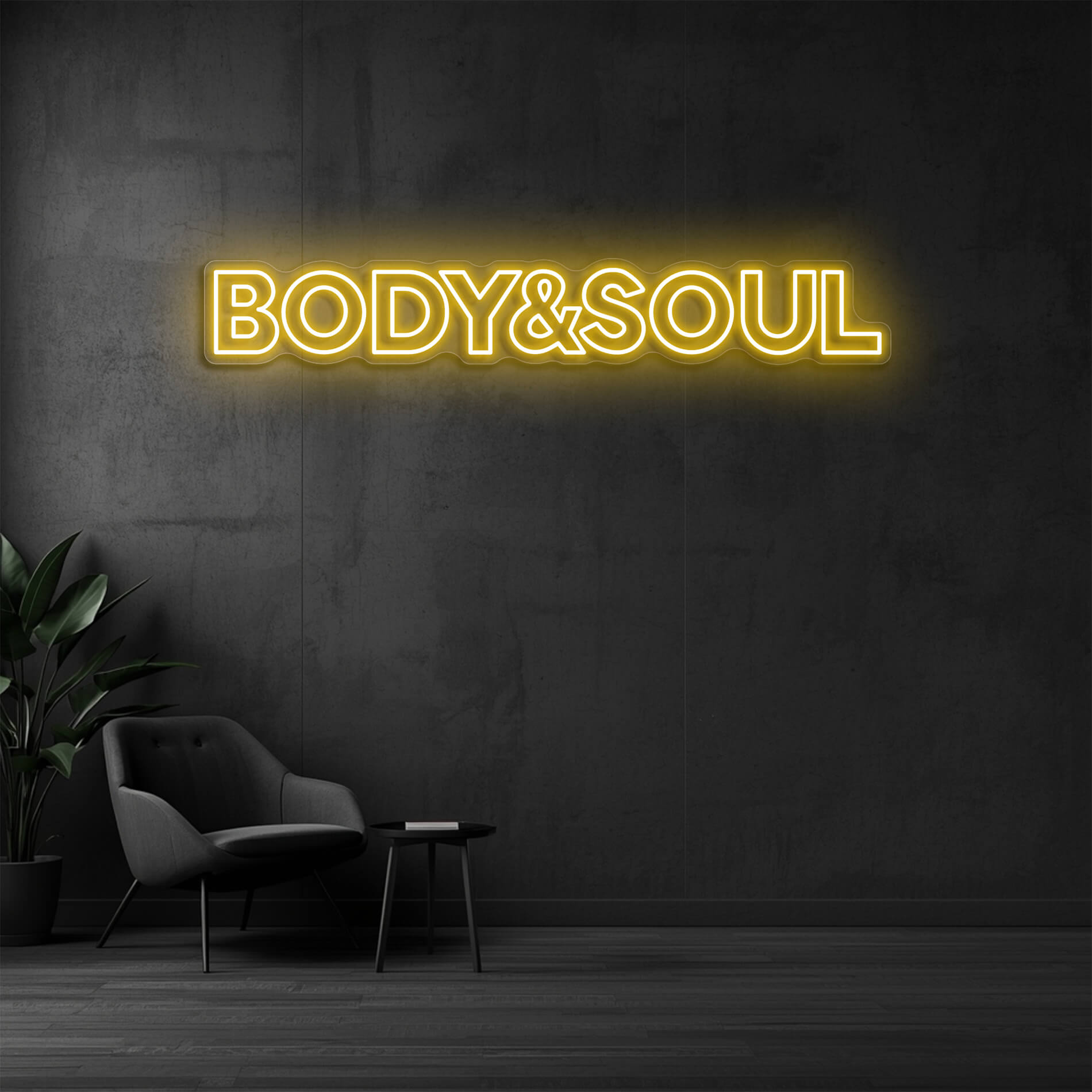LED Neon Schild Body & Soul in gold-gelb als moderne Wandbeleuchtung für Beauty und Nagelstudios