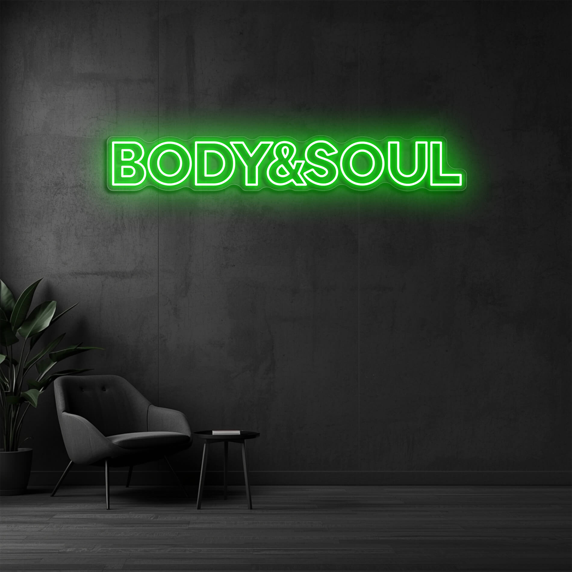 LED Neon Schild Body & Soul in gruen als stilvolle Neonbeleuchtung für Spa und Wellnessbereiche