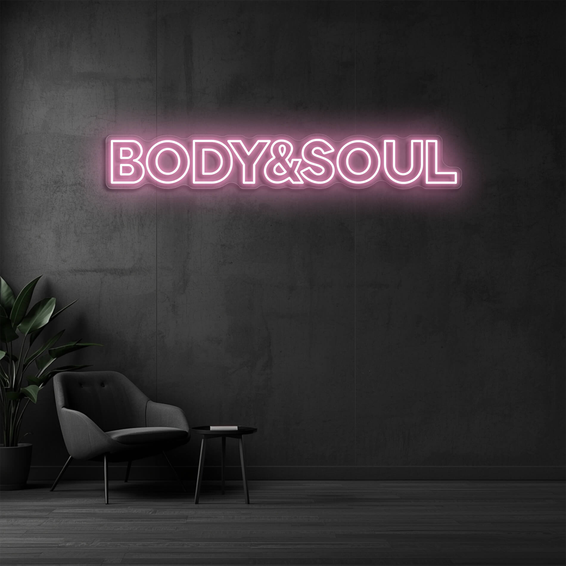 LED Neon Schild Body & Soul in light pink als moderne Wandbeleuchtung für Beauty und Nagelstudios