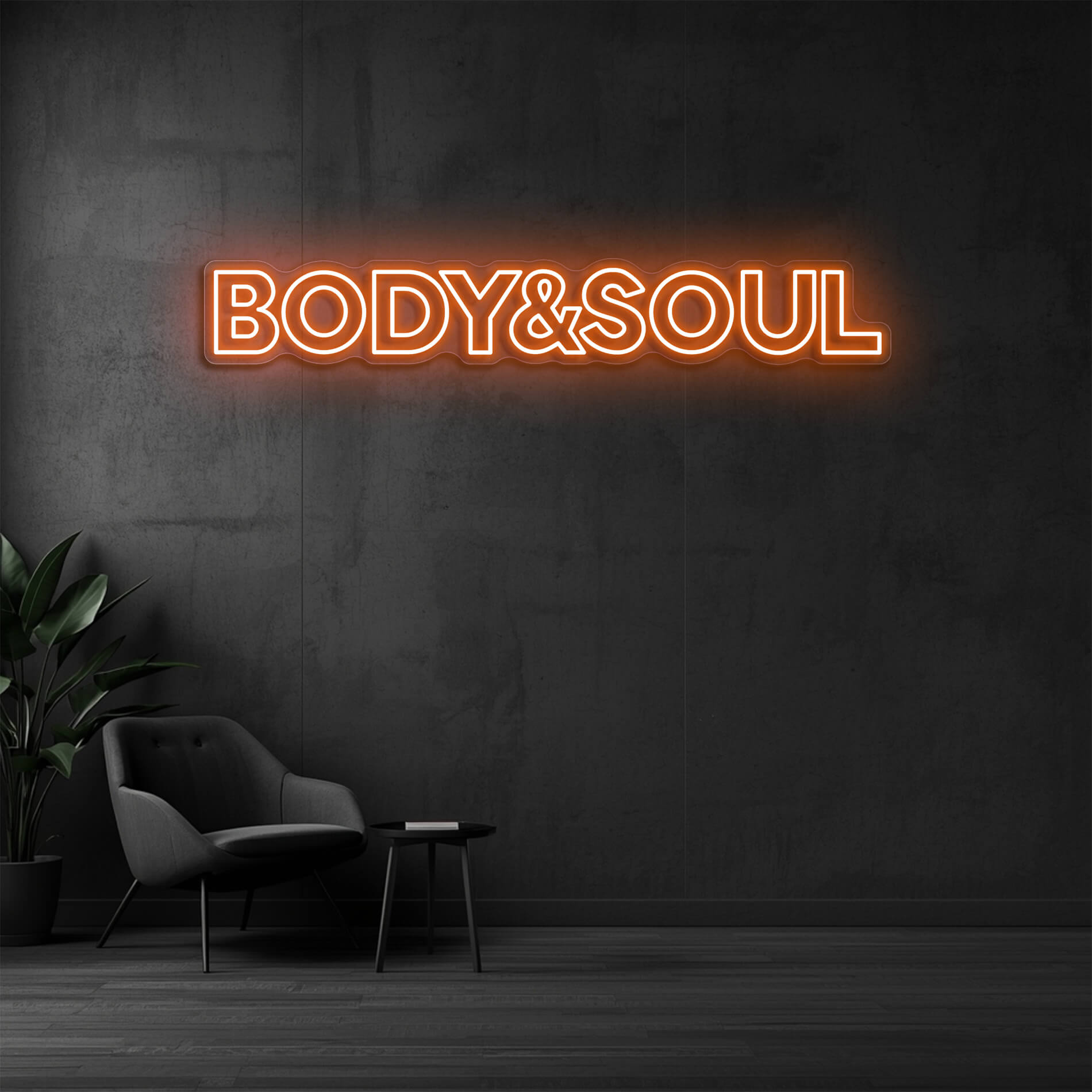 LED Neon Schild Body & Soul in orange als moderne Wandbeleuchtung für Beauty und Nagelstudios