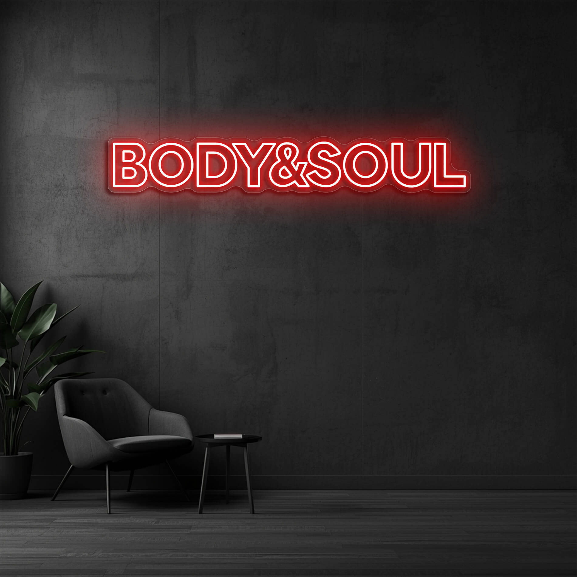 LED Neon Schild Body & Soul in rot als moderne Wandbeleuchtung für Beauty und Nagelstudios