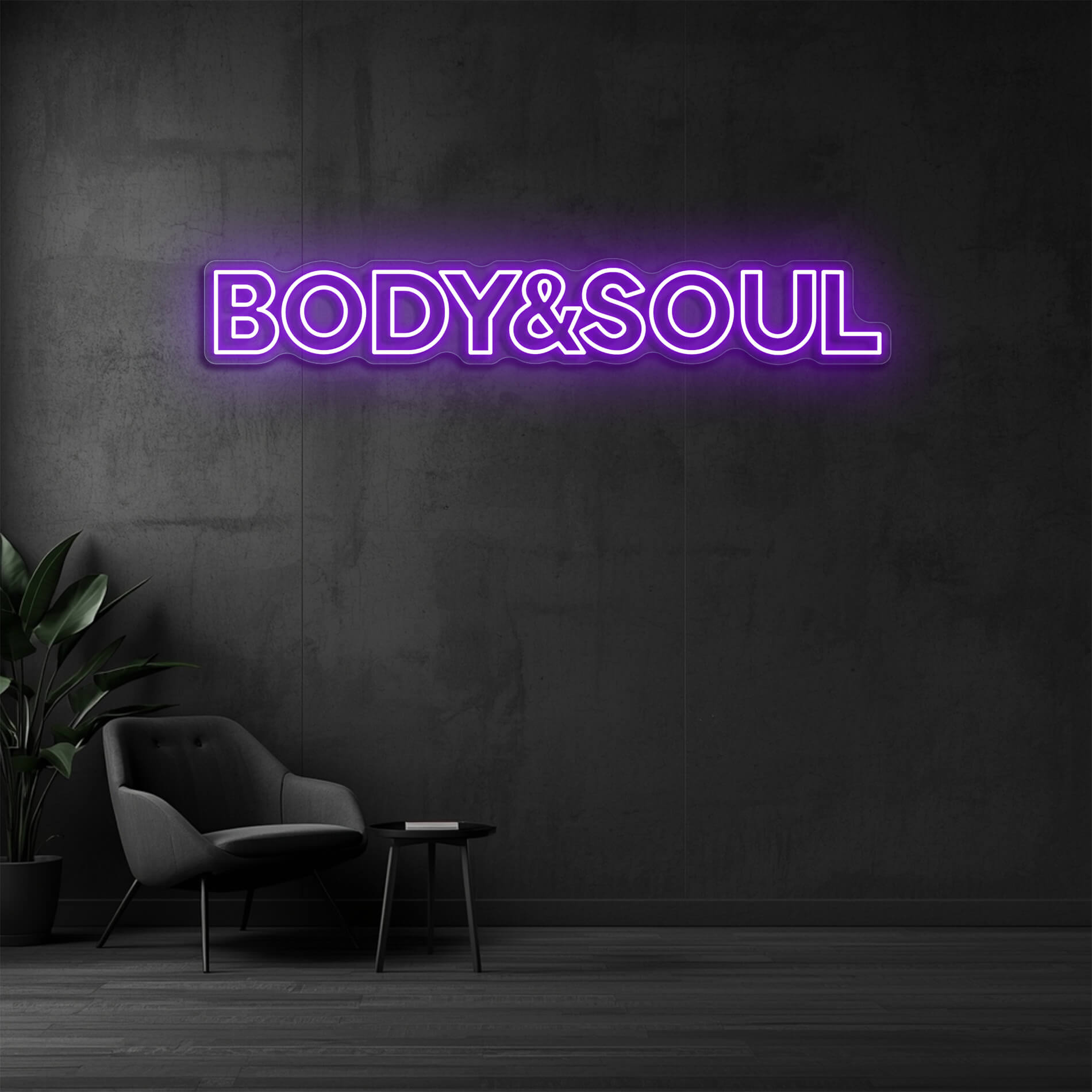 LED Neon Schild Body & Soul in violett als moderne Wandbeleuchtung für Beauty und Nagelstudios