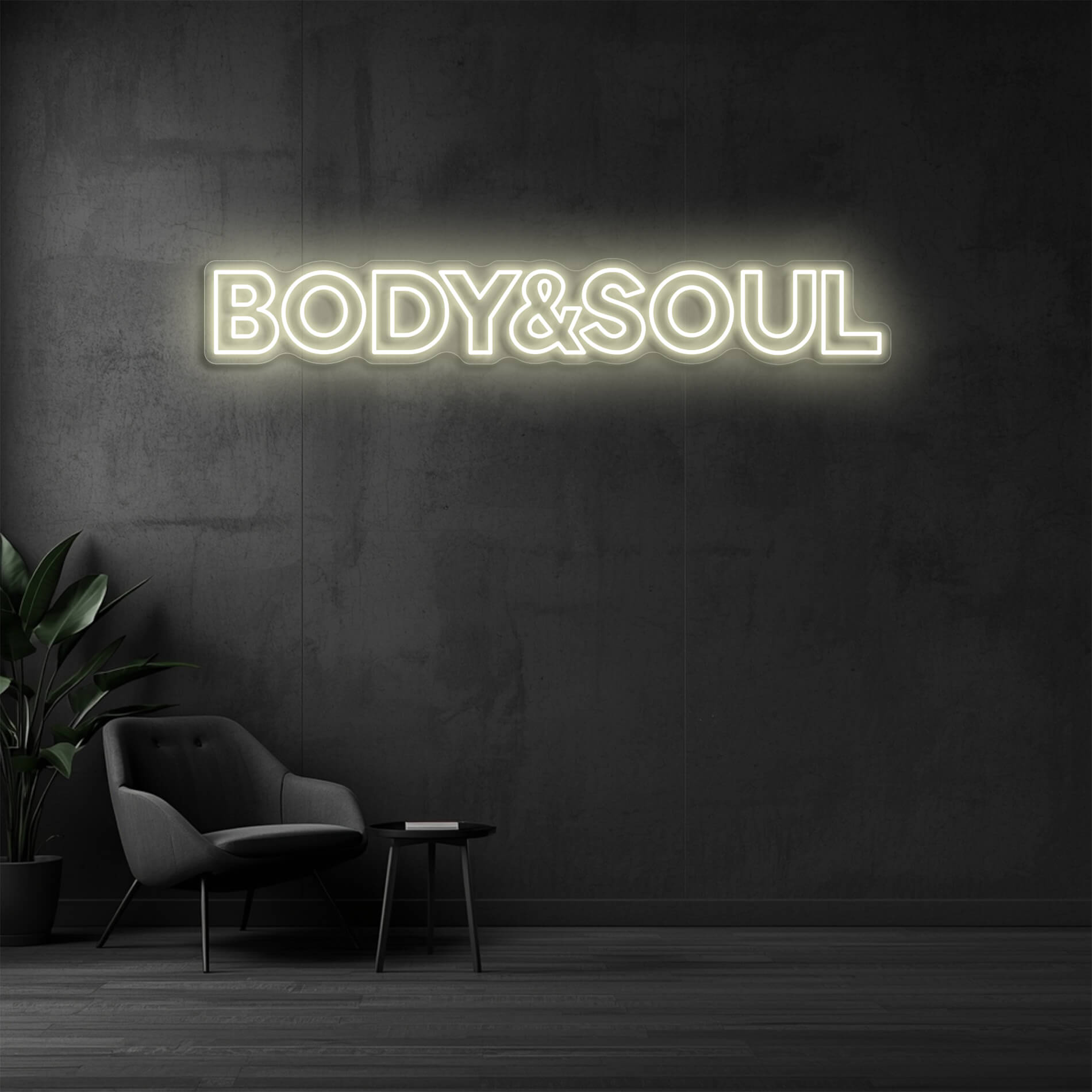 LED Neon Schild Body & Soul in warm weiss als stilvolle Neonbeleuchtung für Spa und Wellnessbereiche