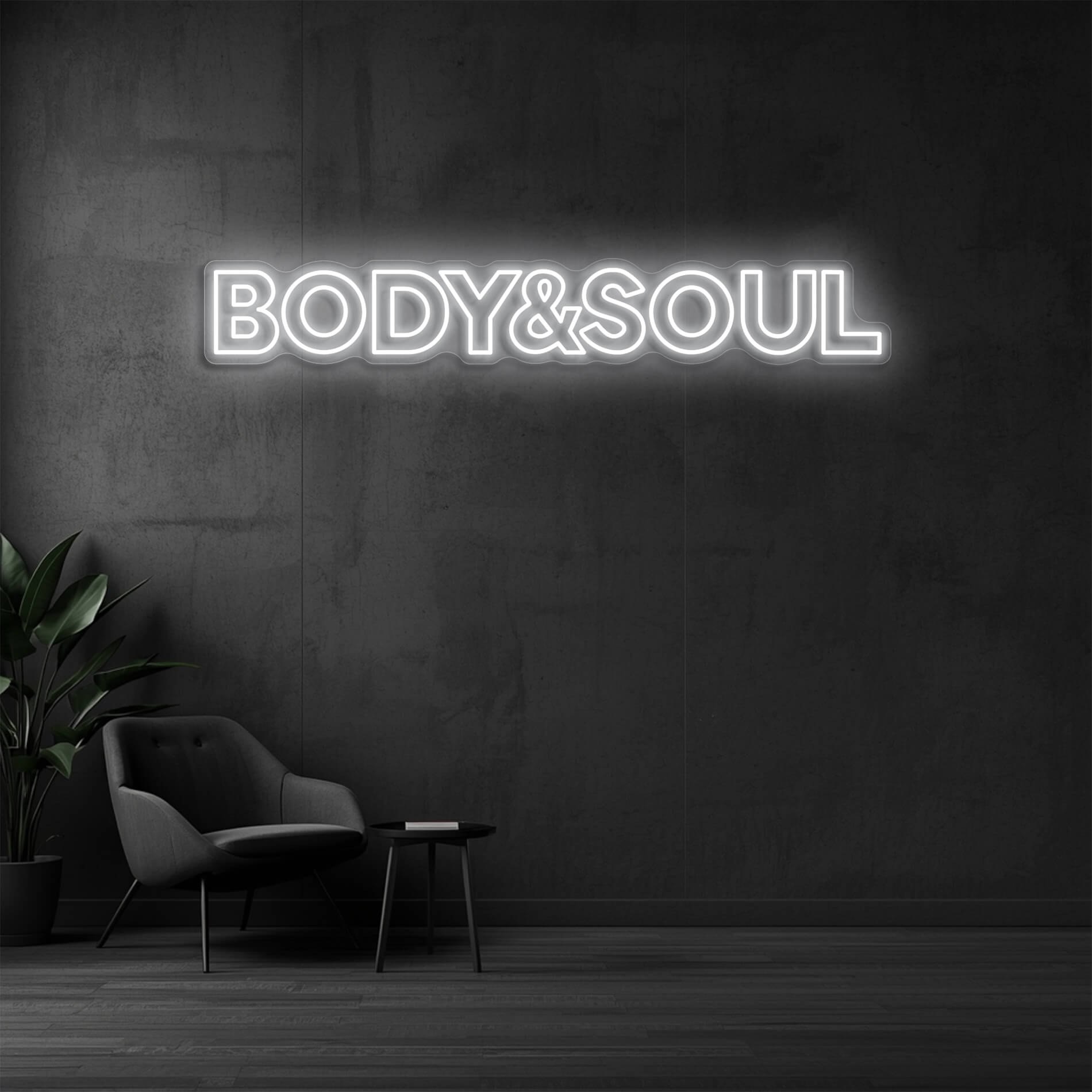 LED Neon Schild Body & Soul in weiss als Neonbeleuchtung für Beauty Studios